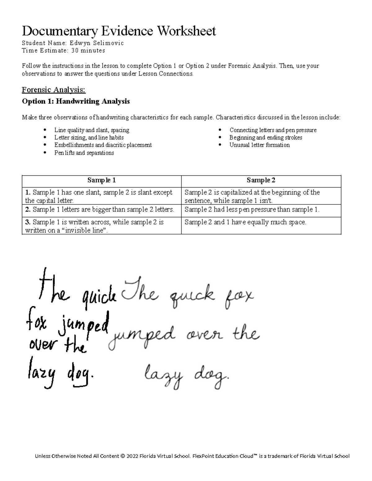 01 04 Forensic Analysis Handwriting Characteristics Worksheet Studocu
