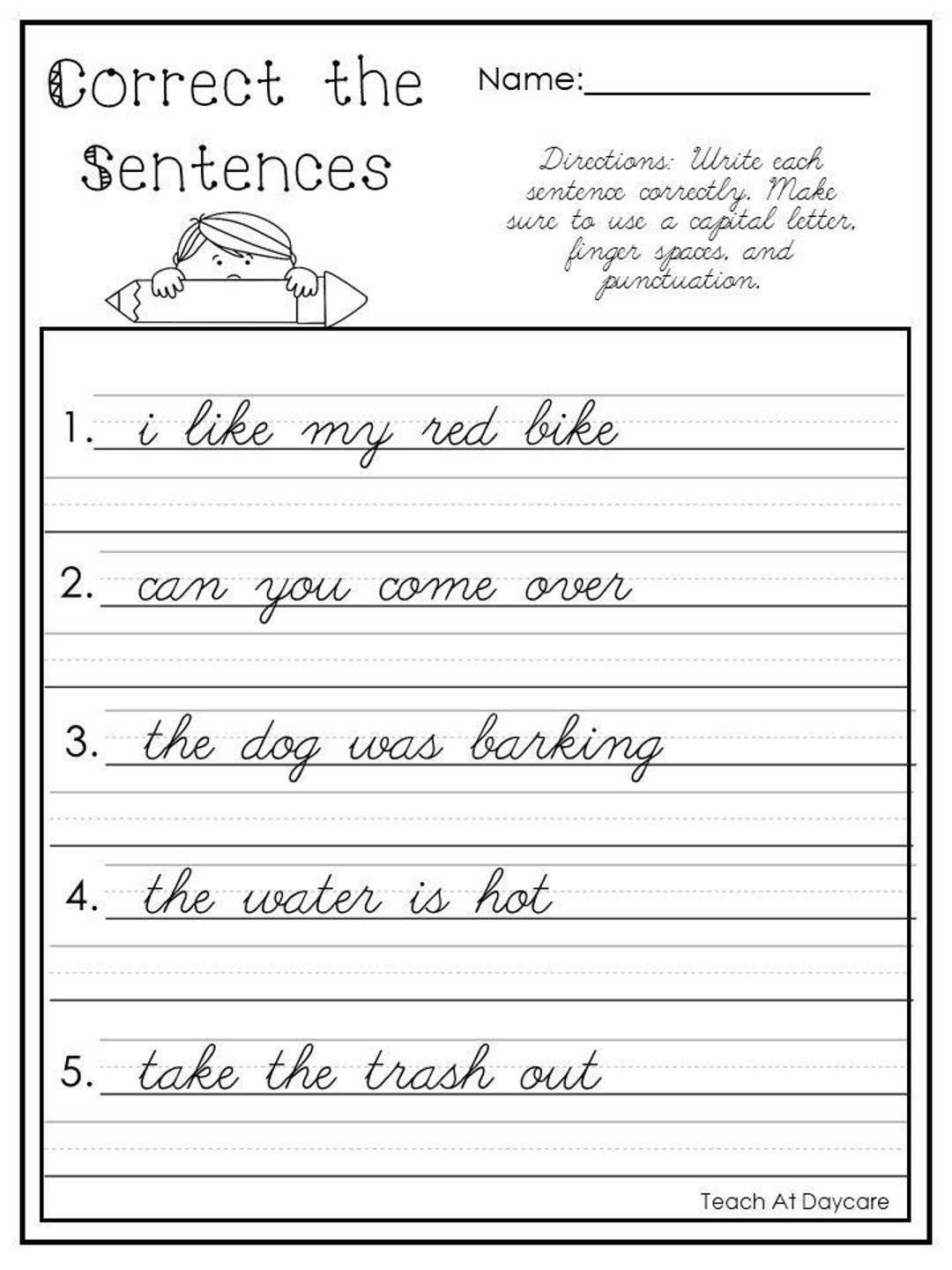 10 Printable Cursive Correct The Sentences Worksheets 1st 2nd Grade ELA Worksheets Etsy