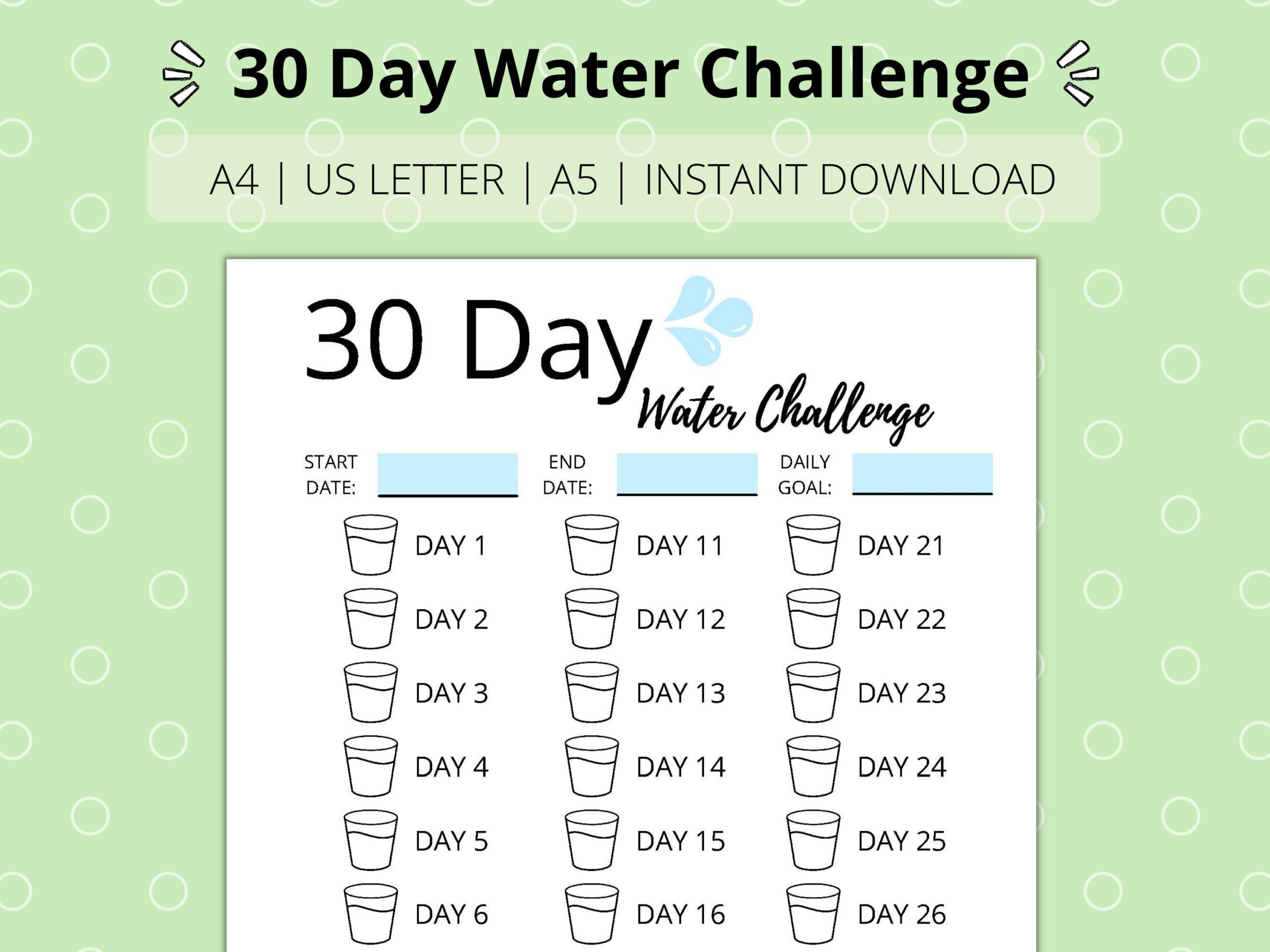 30 Day Challenge Water Intake Tracker Printable PDF Digital Download Etsy