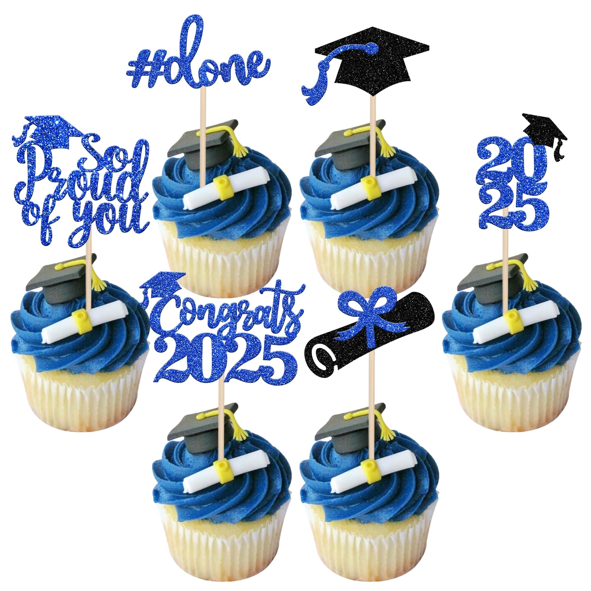 Amazon 36 PCS 2025 Graduation Done Cupcake Toppers Glitter Congrats Class Of 2025 Diploma Grad Cap Cupcake Picks So Proud Of You Cake Decoratiosn For 2025 Graduation Theme Party Supplies Blue 