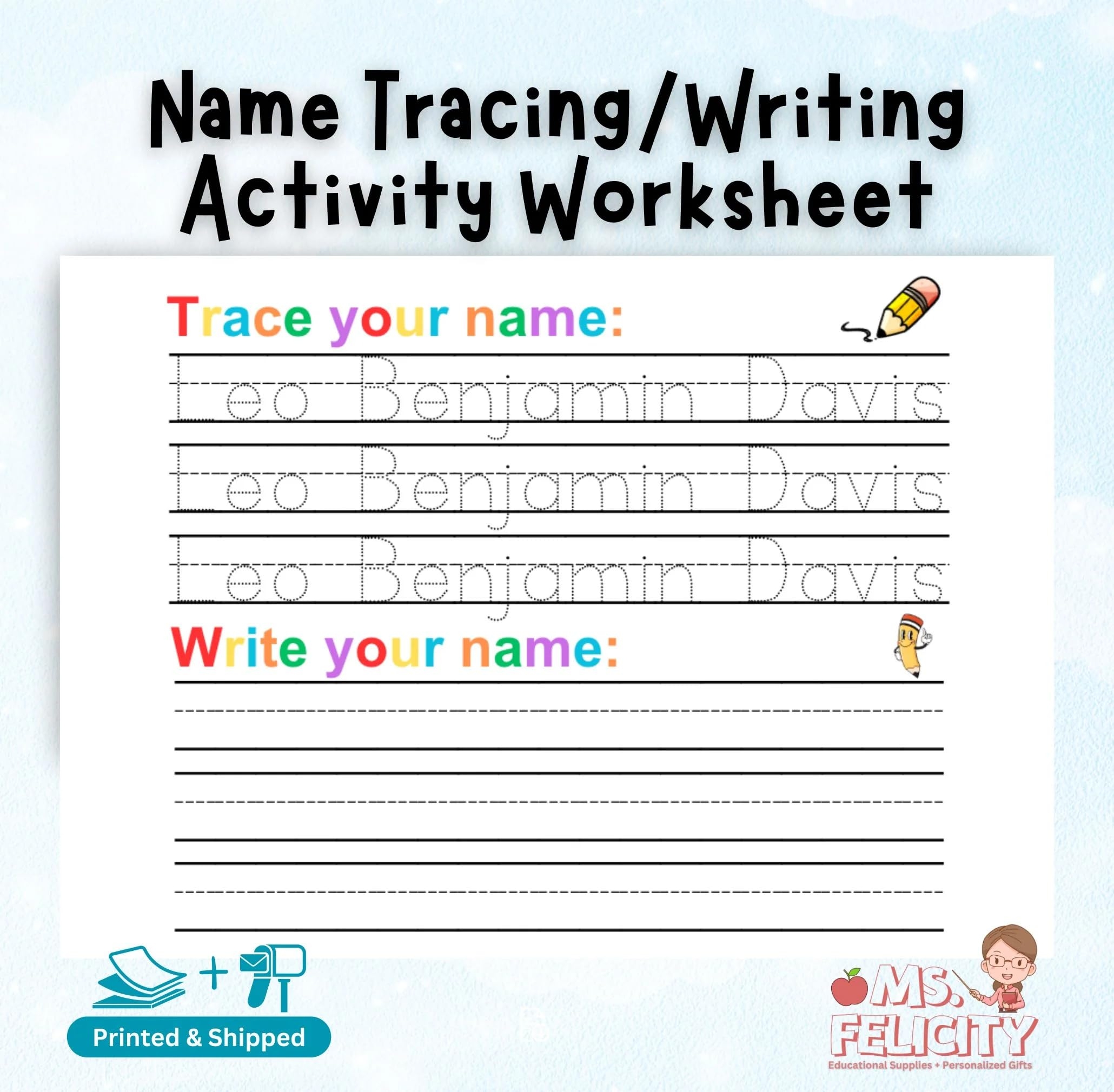 Amazon Personalized Name Tracing Writing Activity Worksheet Handwriting Practice Generic Office Products