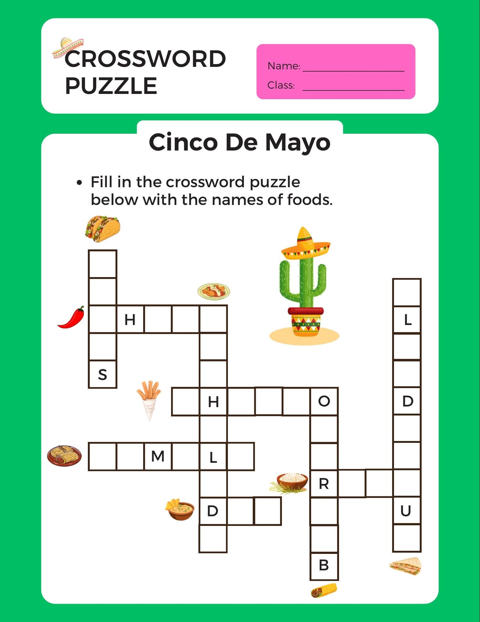 Cinco De Mayo Kids Activity Printable Crossword Puzzle Fun Educational Holiday Worksheet For Children Instant Download Etsy