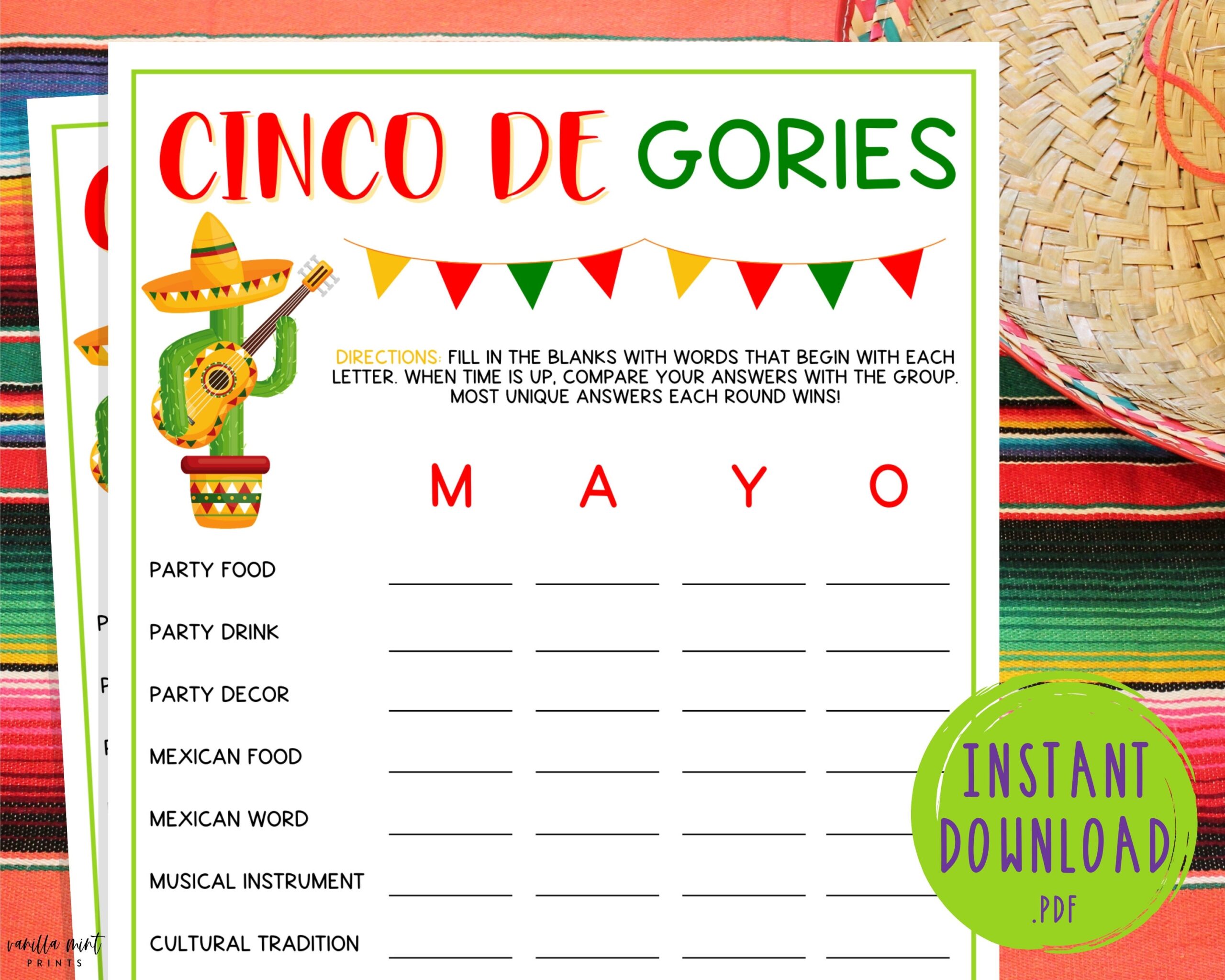Cinco De Mayo Scattergories Game Word Game Mexican Party Games Fun Cinco De Mayo Games Party Games For Kids Adults Fiesta Etsy