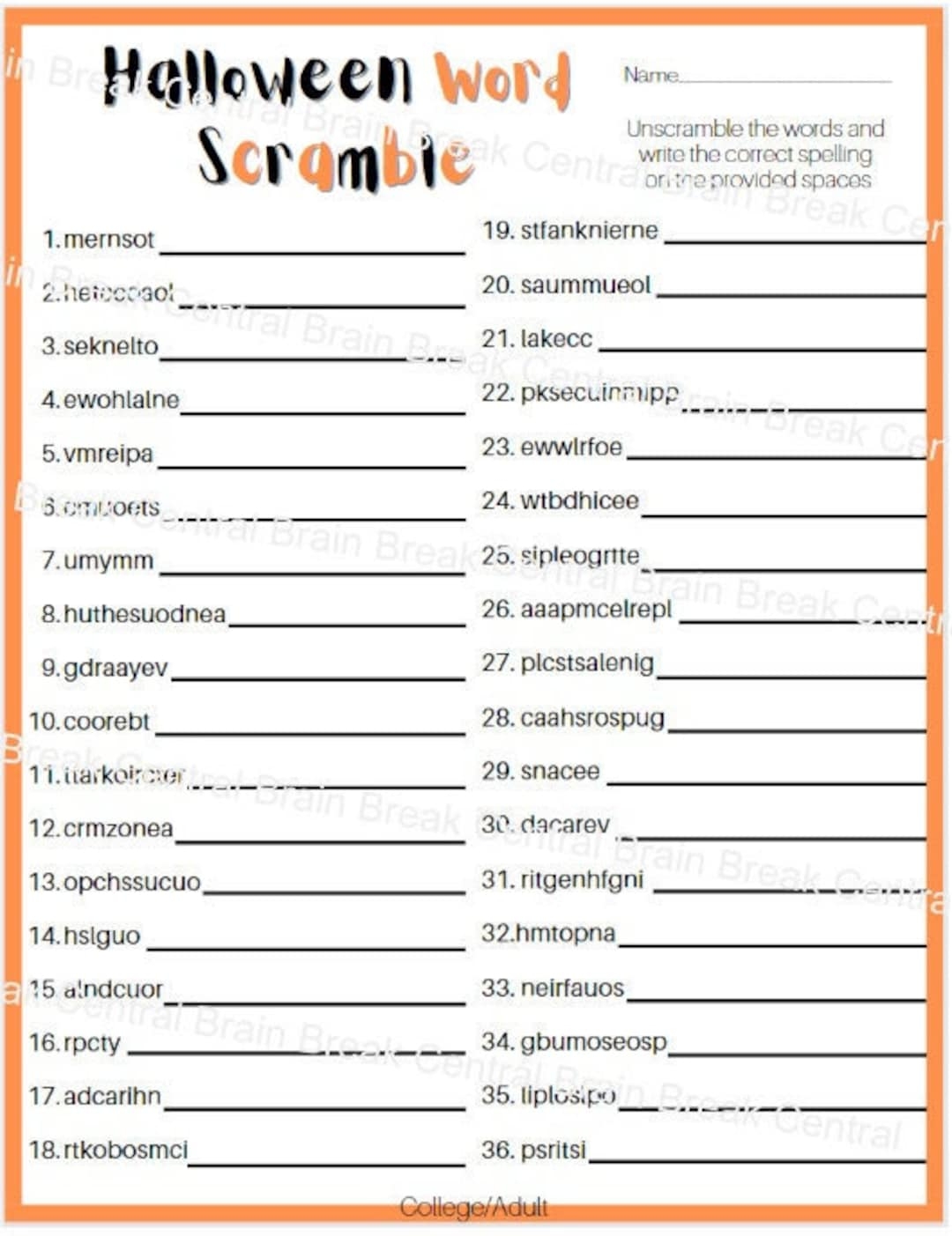 College adult Halloween Word Scramble Worksheet With Answer Key Printable Etsy Norway