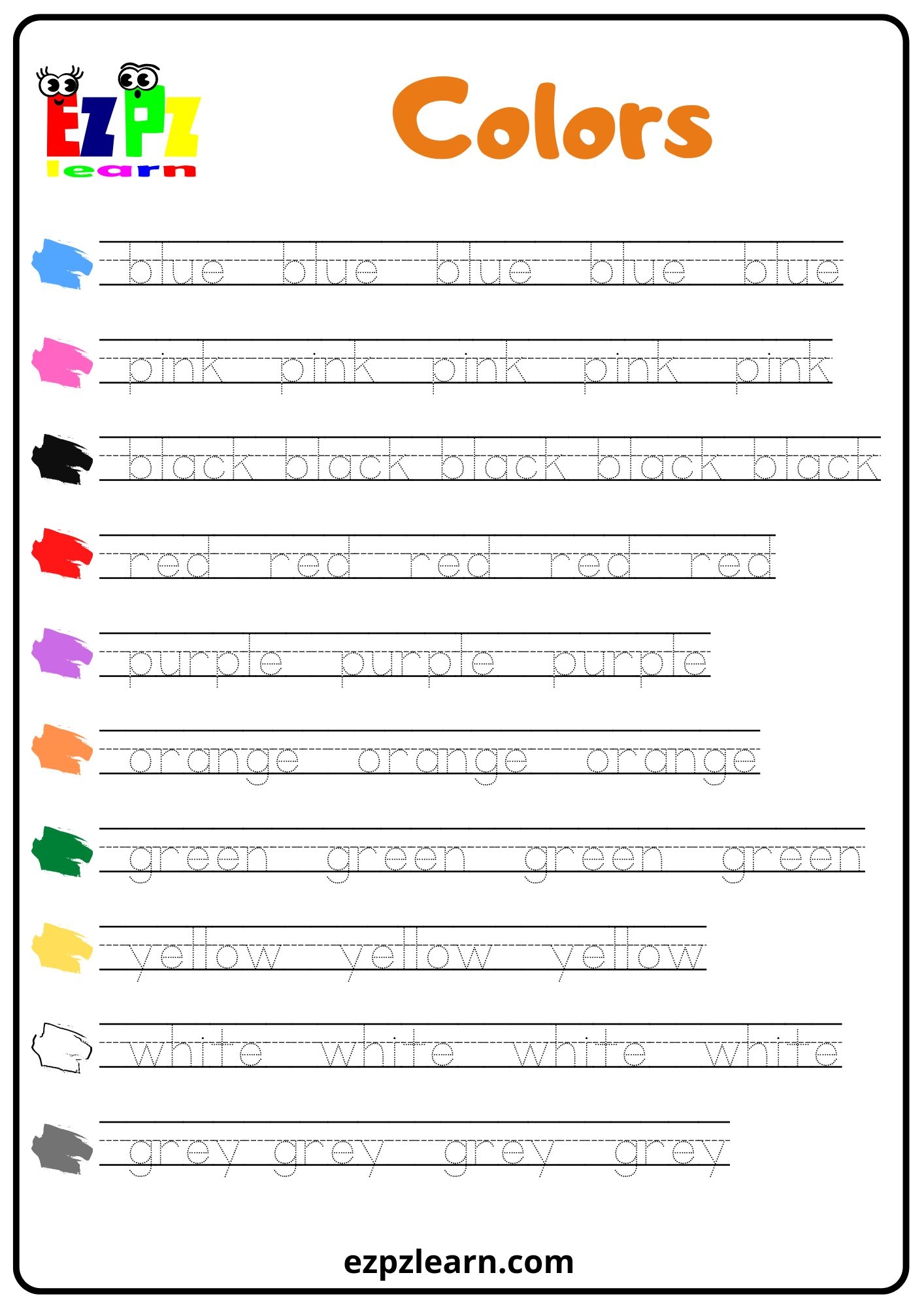 Colors Word Tracing Worksheet Ezpzlearn Worksheets Library