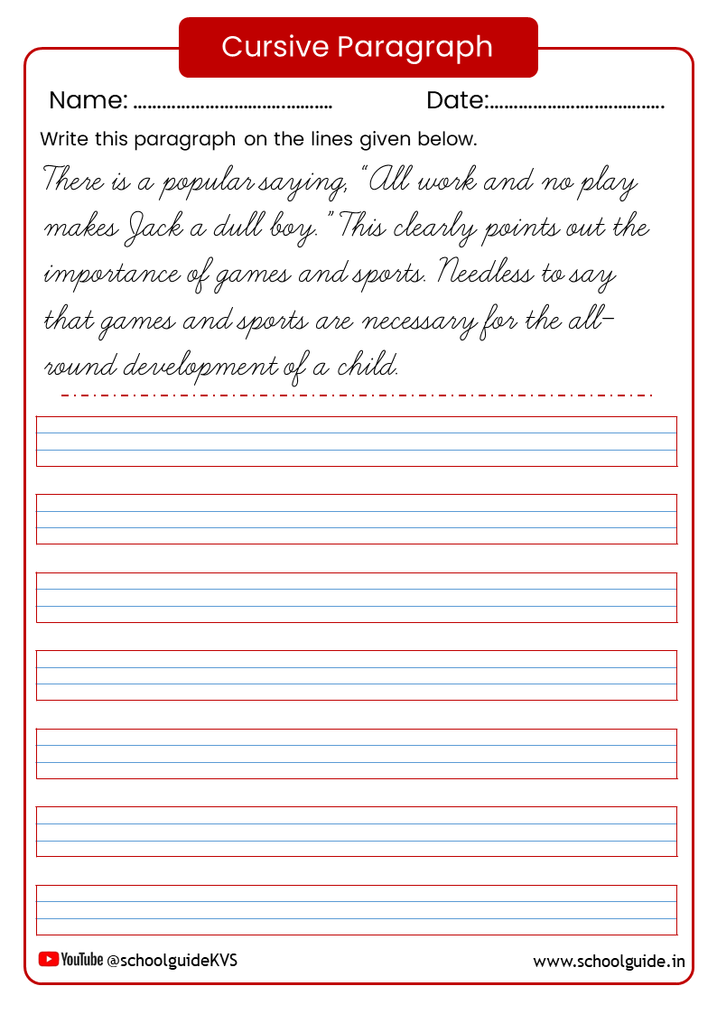 Cursive Writing Paragraph Worksheets