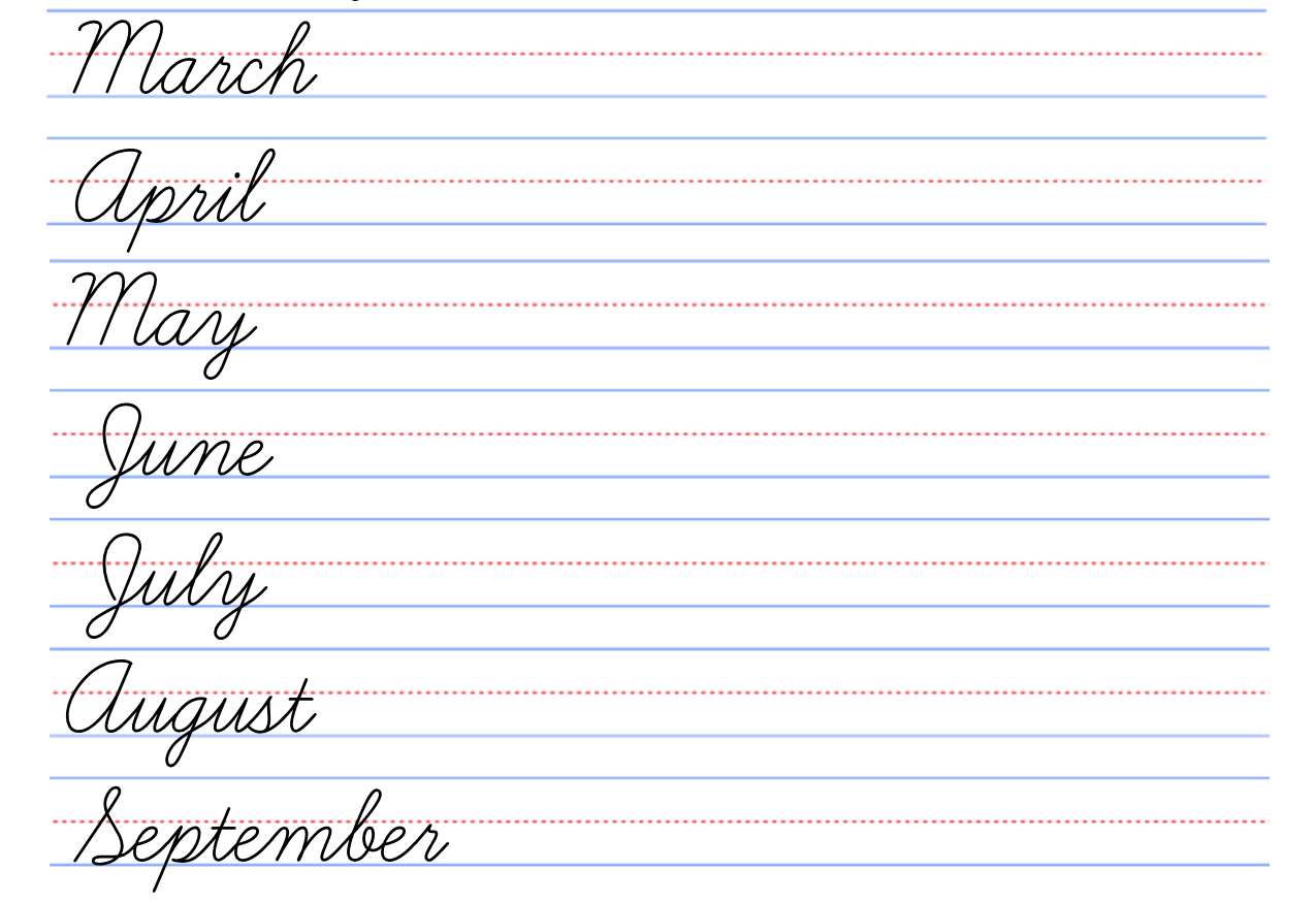 D NEALIAN CURSIVE PRACTICE MONTHS DAYS OF THE WEEK Classful