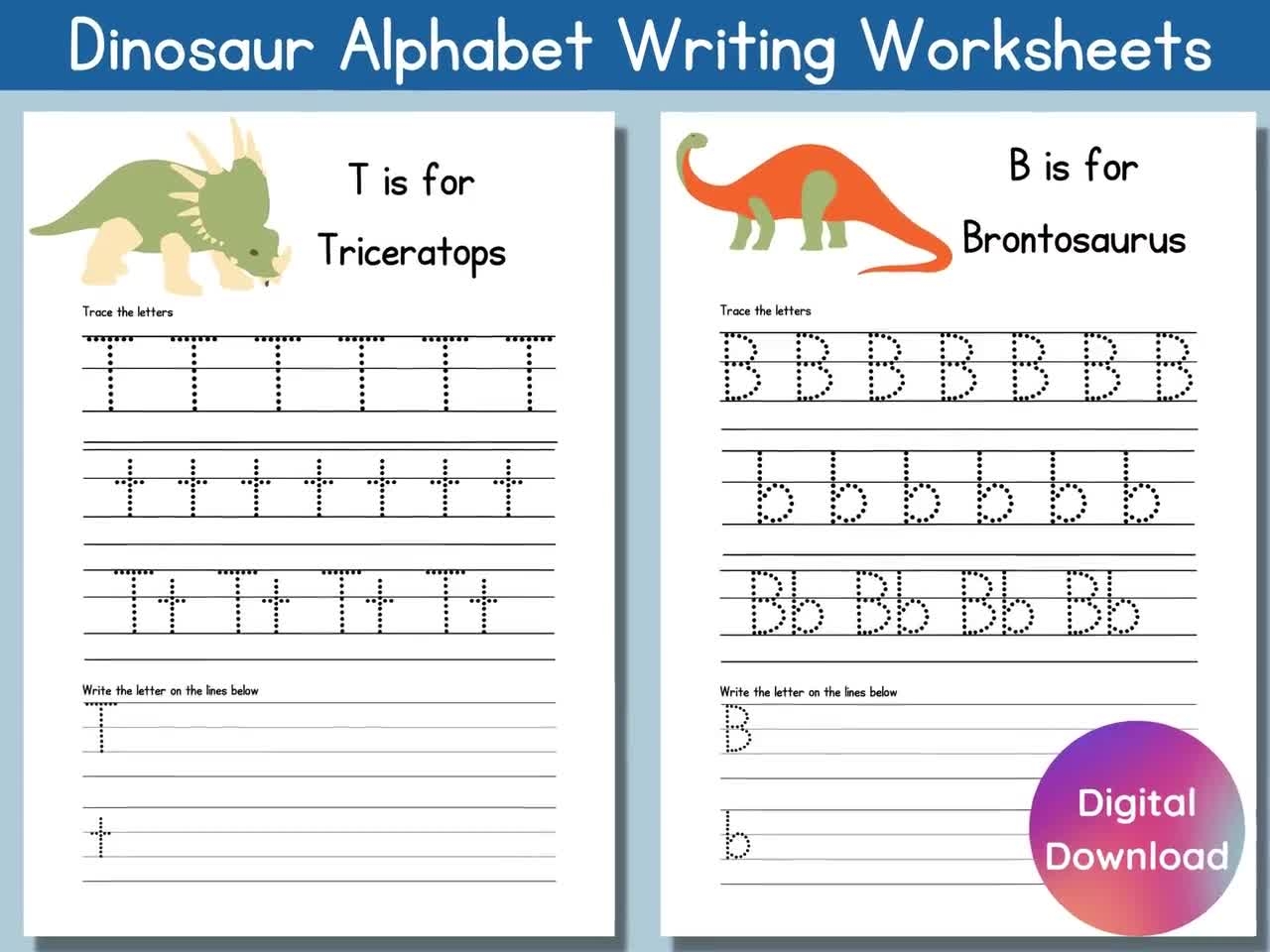 Dinosaur Alphabet Letter Tracing Writing Worksheets Alphabet Printable ABC Worksheet ABC Dinosaur Printable Activities Worksheets Etsy