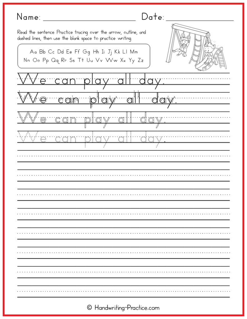 Easy Sight Word Sentence We Can Play All Day Handwriting Practice