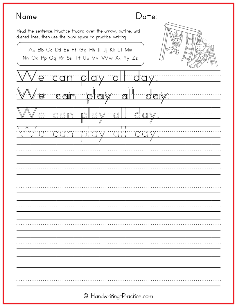 Easy Sight Word Sentence We Can Play All Day Handwriting Practice