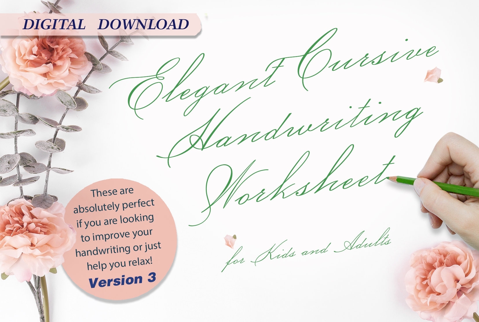 Elegant Cursive Practice Worksheets printable Handwriting Workbook V3 Etsy