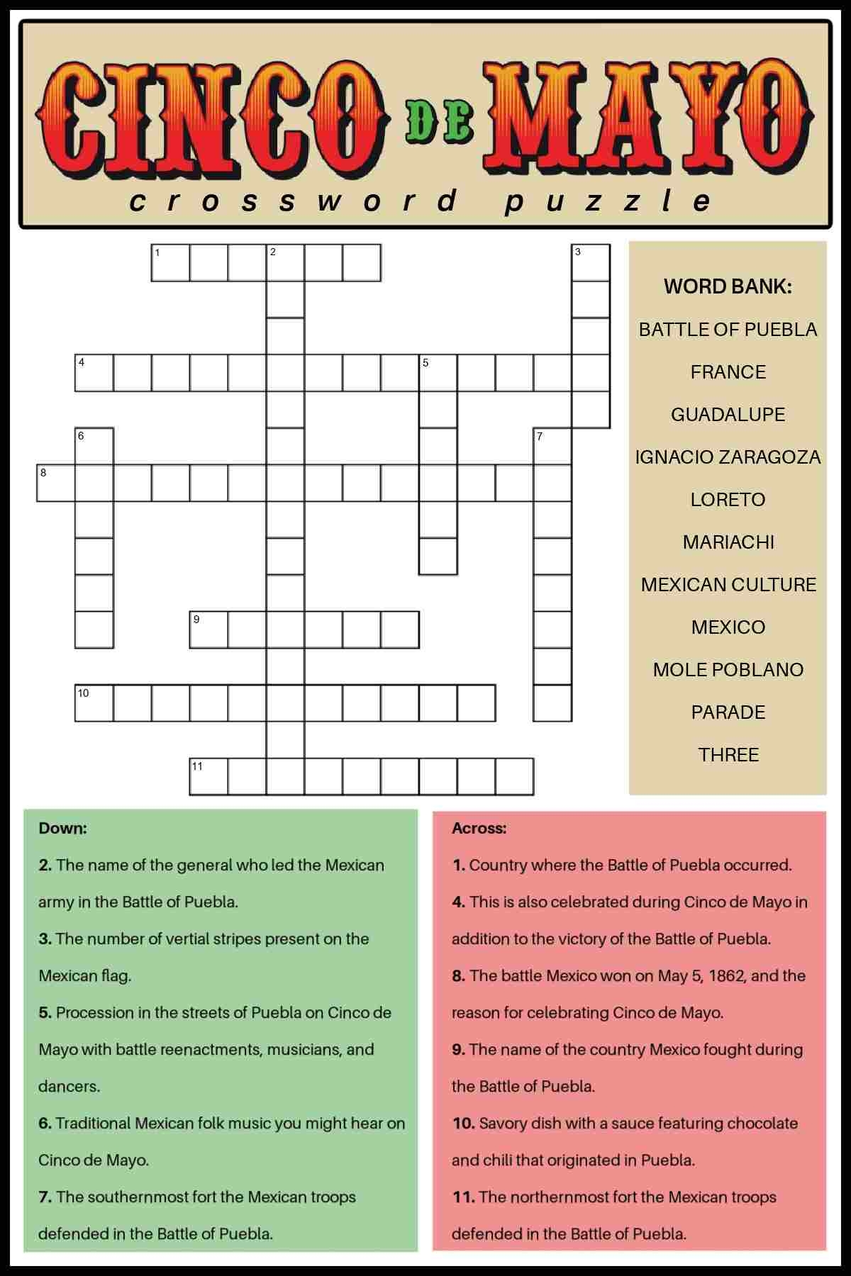 Free Cinco De Mayo Crossword Puzzles 2 Versions With Answers