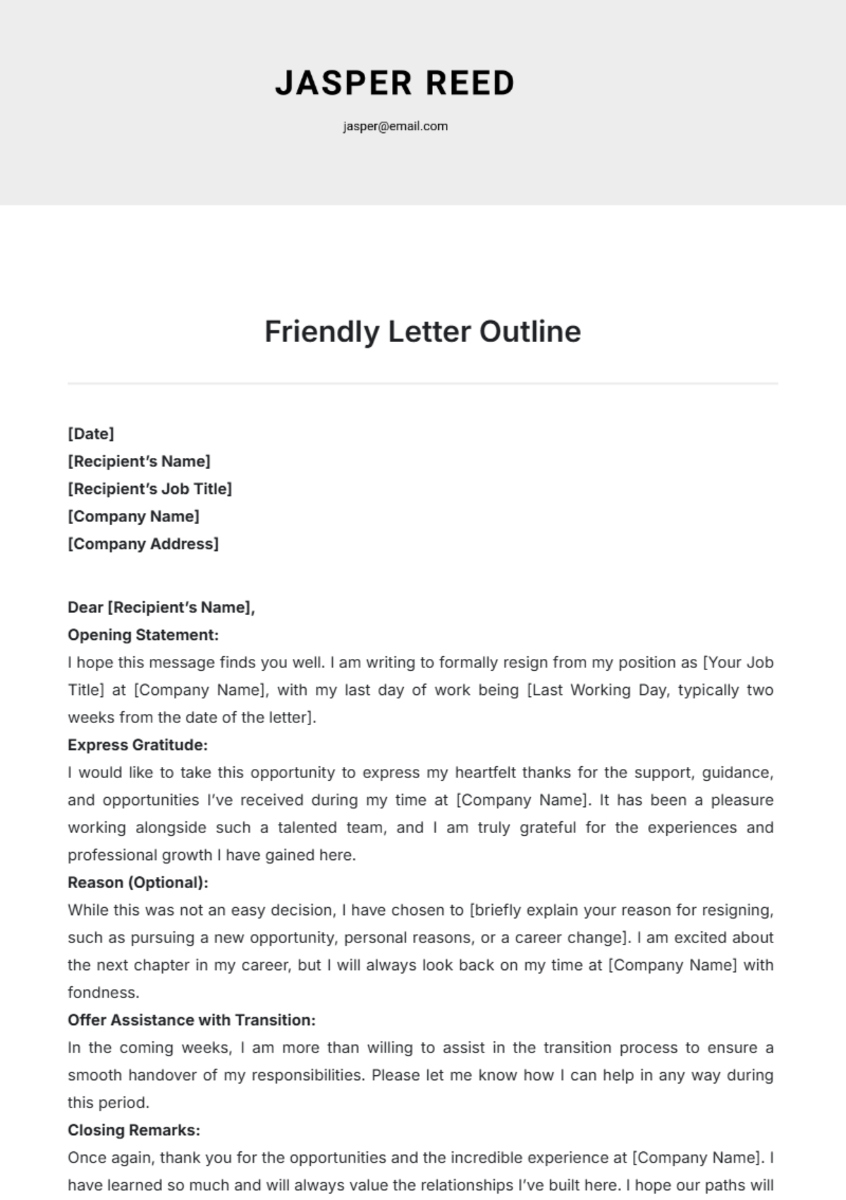 Free Friendly Resignation Letter Outline Template To Edit Online
