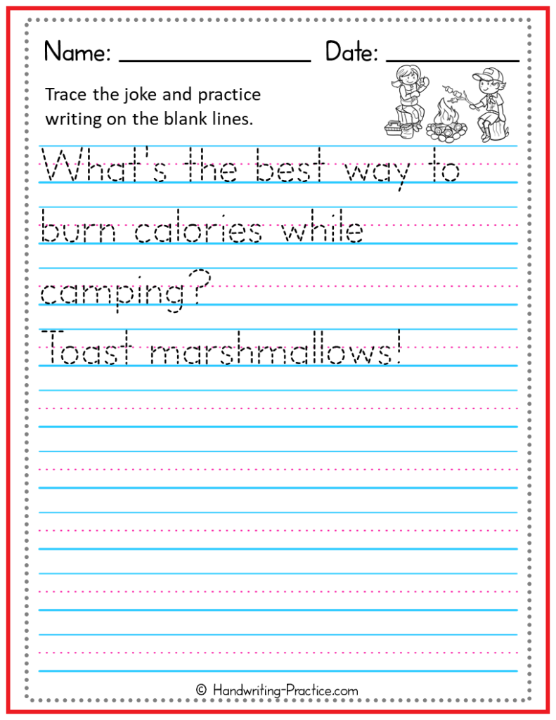 Free Handwriting Practice Worksheet With Camping Joke Handwriting Practice Free Handwriting Practice Worksheet With Camping Joke Handwriting Practice