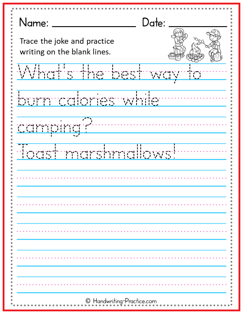 Free Handwriting Practice Worksheet With Camping Joke Handwriting Practice