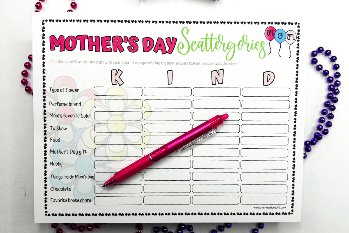 Free Mother s Day Scattergories Printable Game