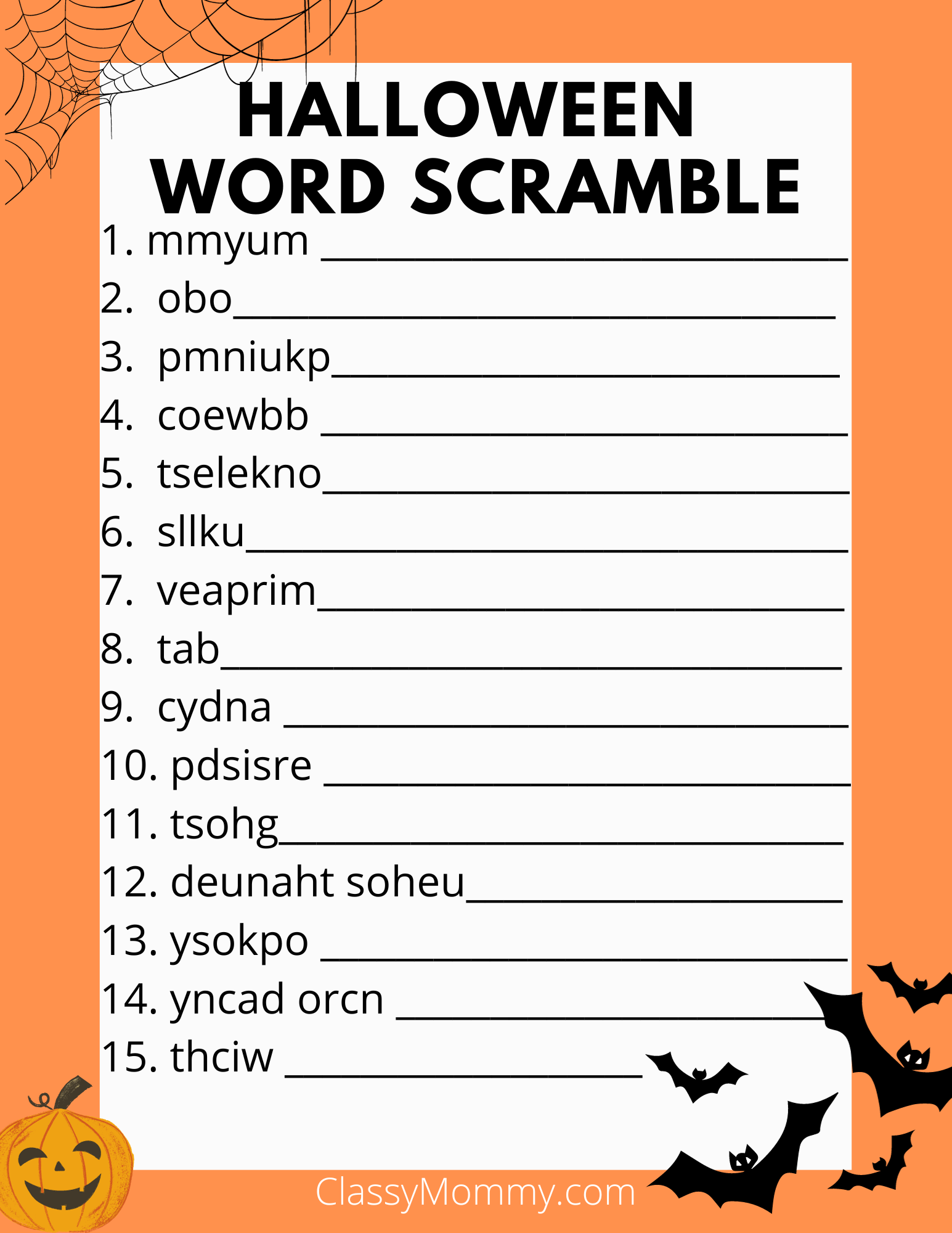 Free Printable Halloween Word Scramble Classy Mommy