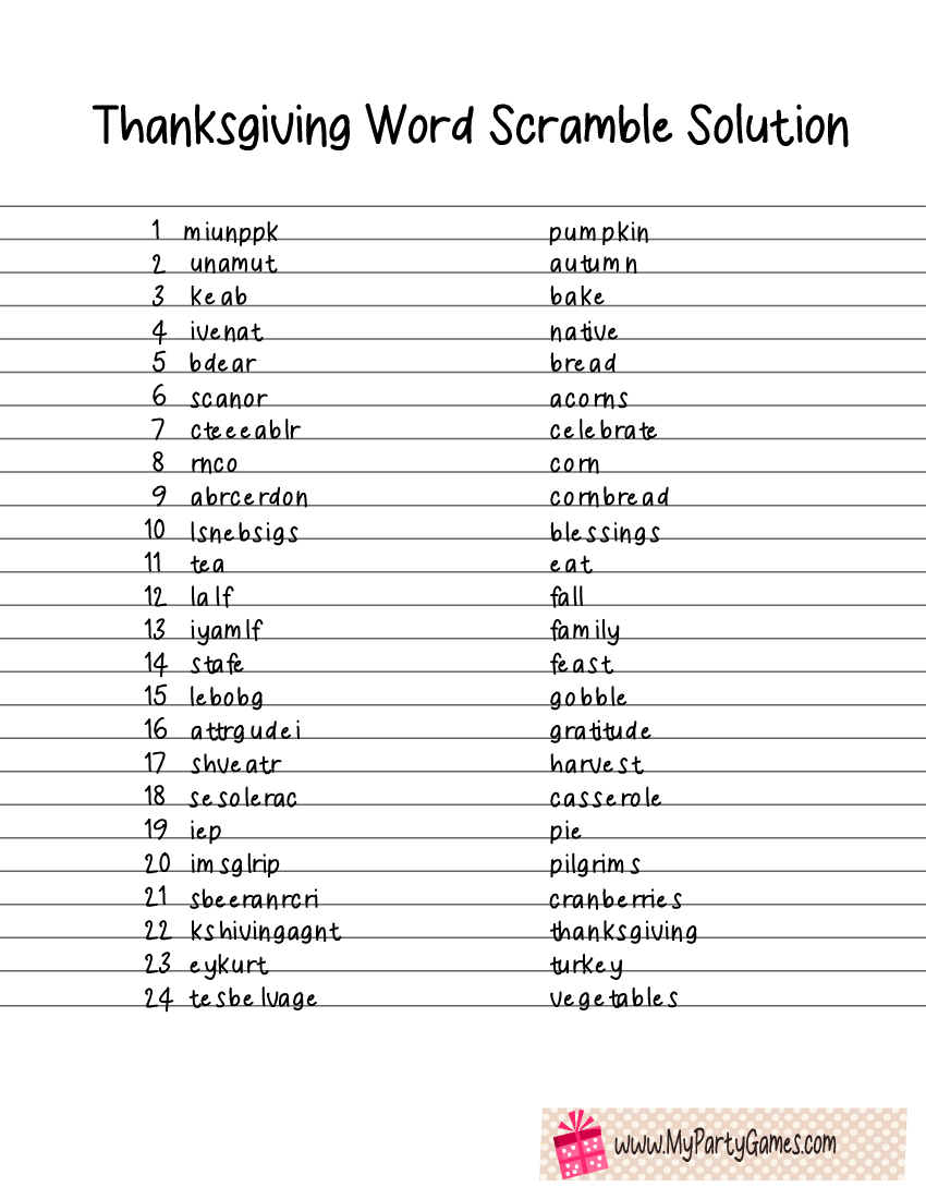 unscramble words for thanksgiving