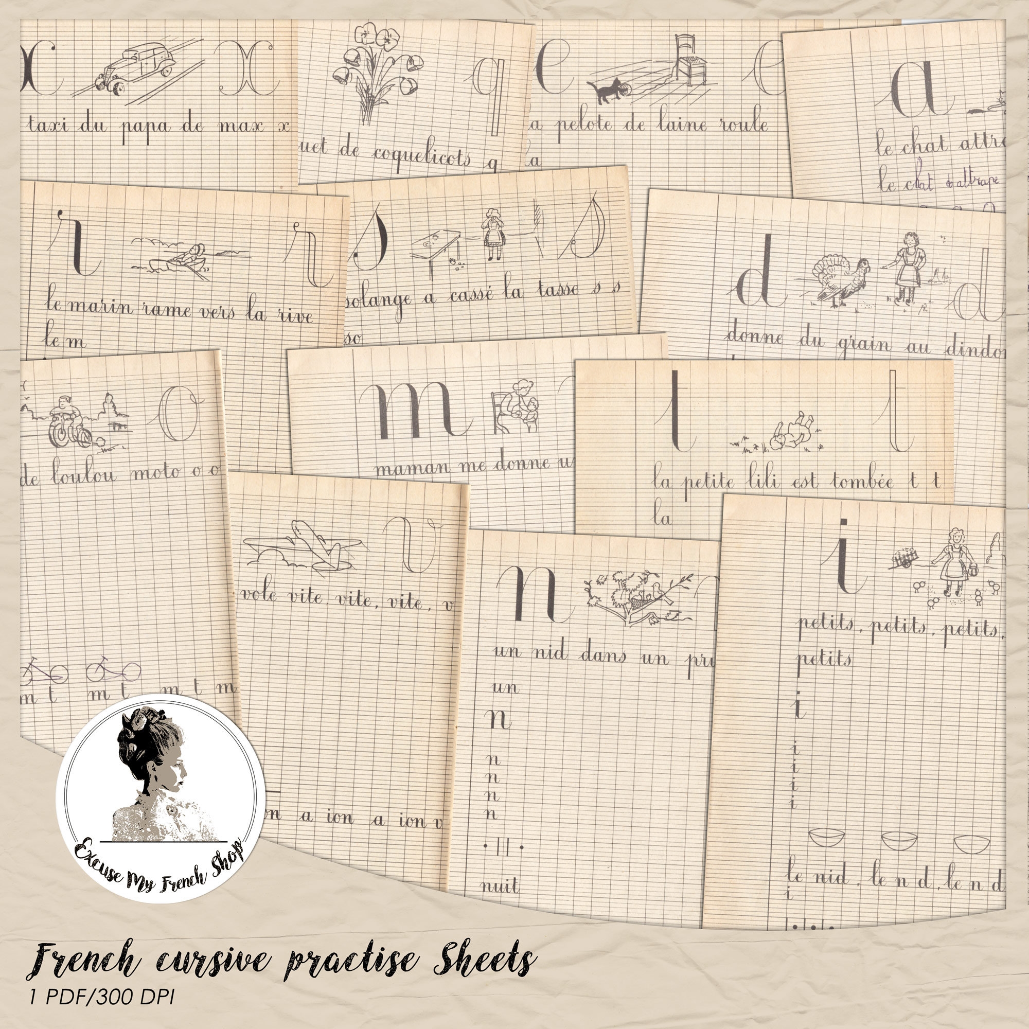 French Cursive Practice Sheets Handwriting Templates digital Download Etsy