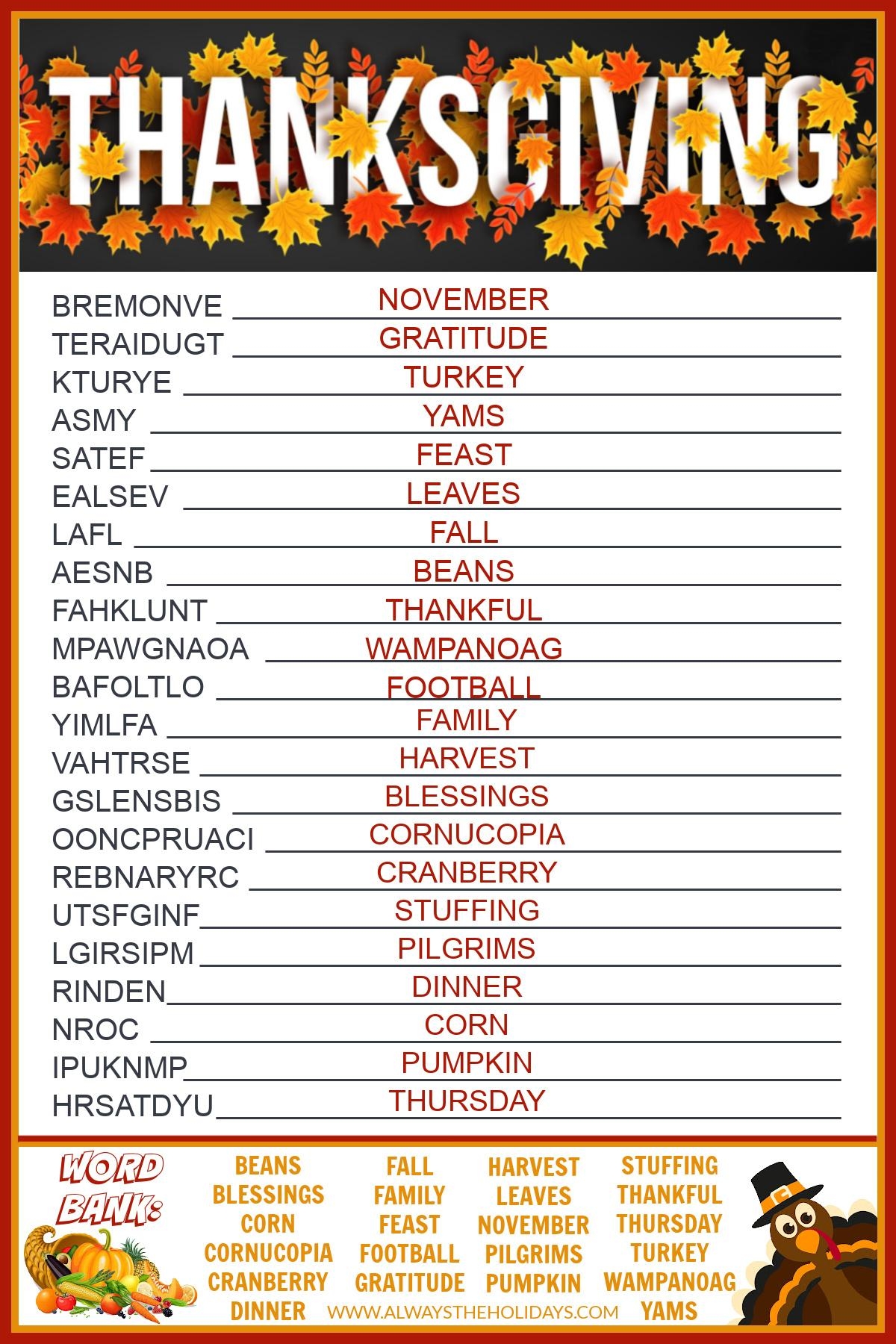 Get A Free Printable Thanksgiving Word Scramble With Answers