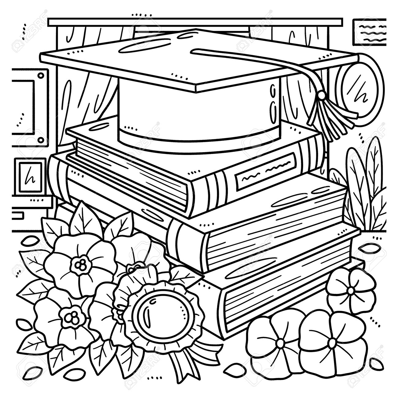 Graduation Cap With Books Coloring Page For Kids Royalty Free SVG Cliparts Vectors And Stock Illustration Image 202310321 