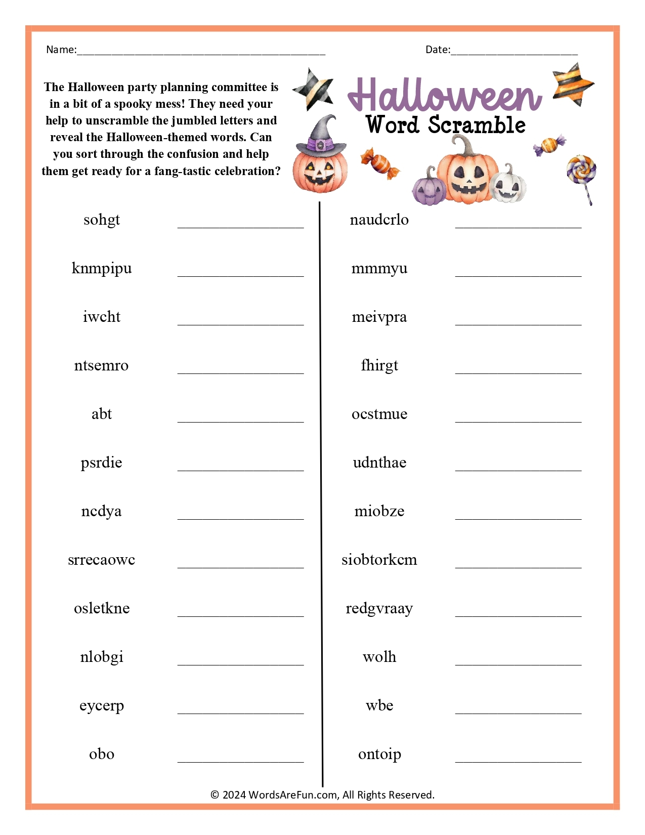 Halloween Word Scramble Answer Key
