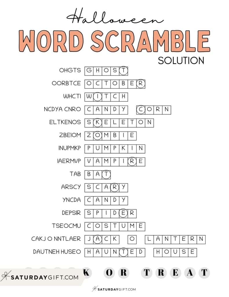 halloween word scramble answers