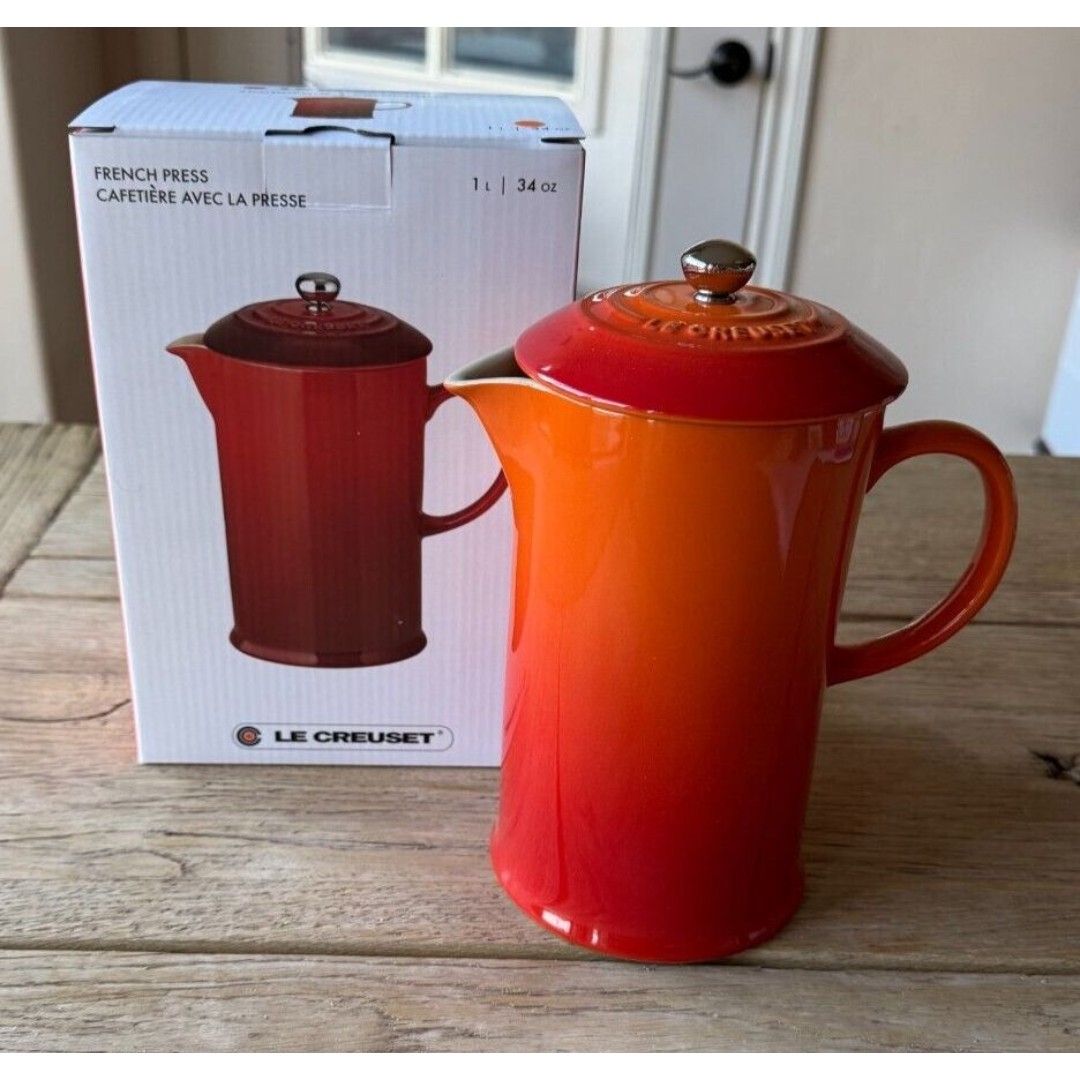Le Creuset Stoneware 34 Oz 1 Liter French Press Flame Orange NEW