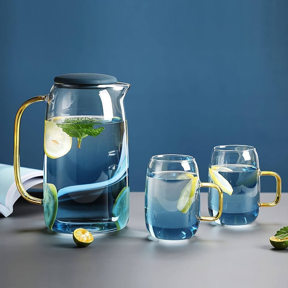 LUCKY GO Glass Pitcher With Lid Spout And Handle 54 Ounces Water Pitcher With Two Glass Cups Heat Resistant Borosilicate Glass Carafe For Juice Iced Tea And Beverage Buy Online At Best Price