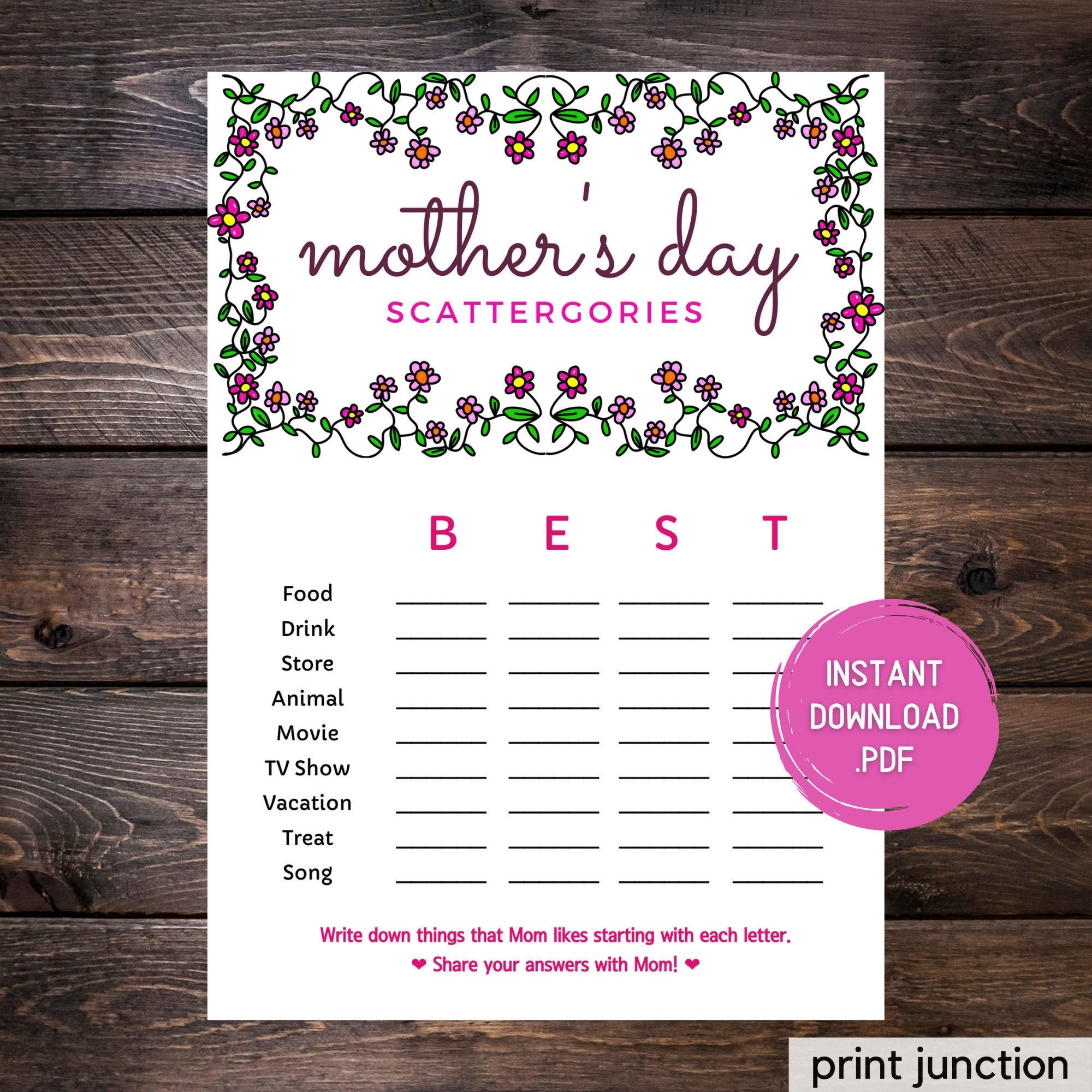 Mother s Day Scattergories Game Printable Activity PDF Download Etsy