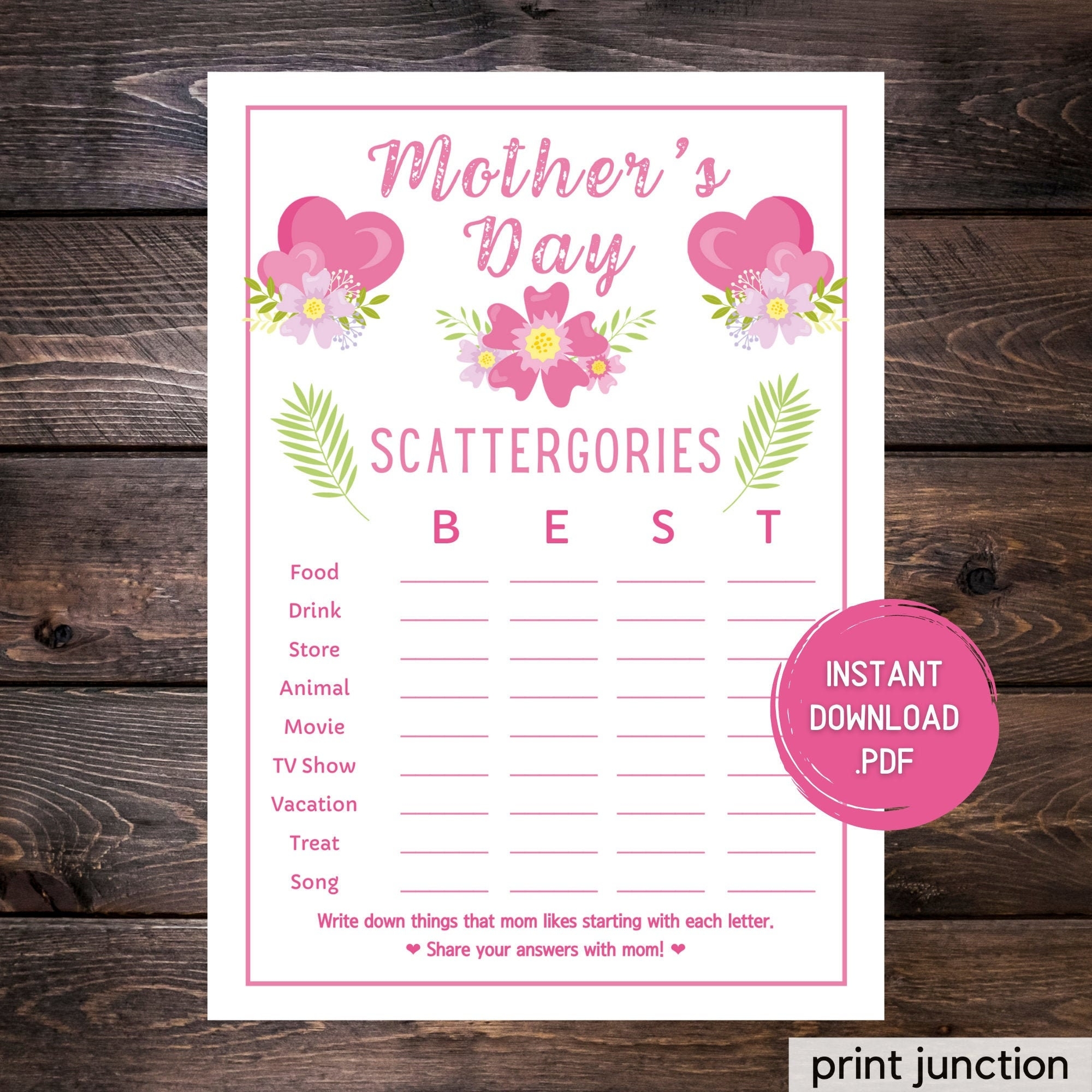 Mother s Day Scattergories Game Printable Family Activity instant Download Etsy