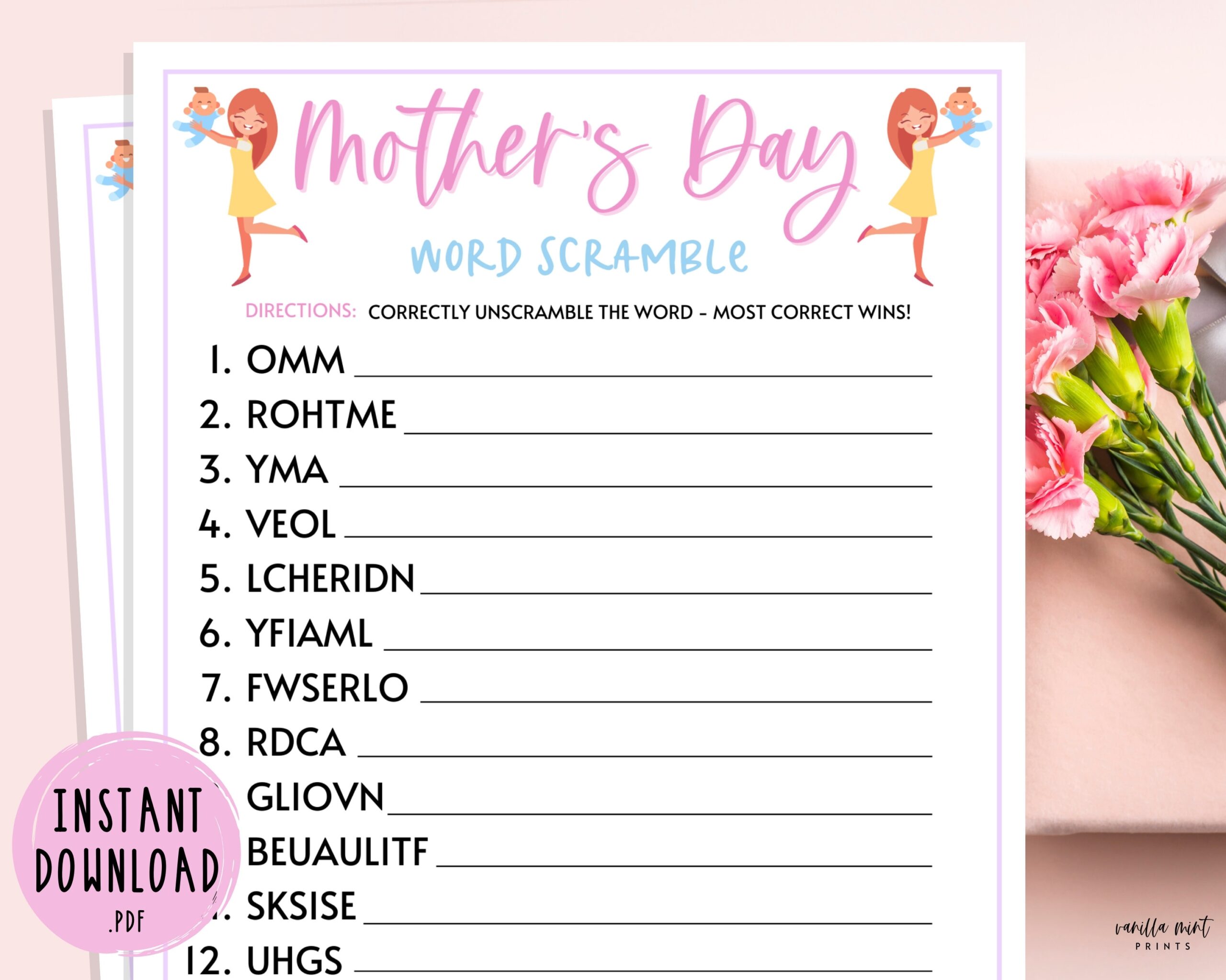 Mother s Day Word Scramble Game Mothers Day Trivia Games Word Puzzle Games Mother s Day Activities For Kids Adults Mom Mama Etsy