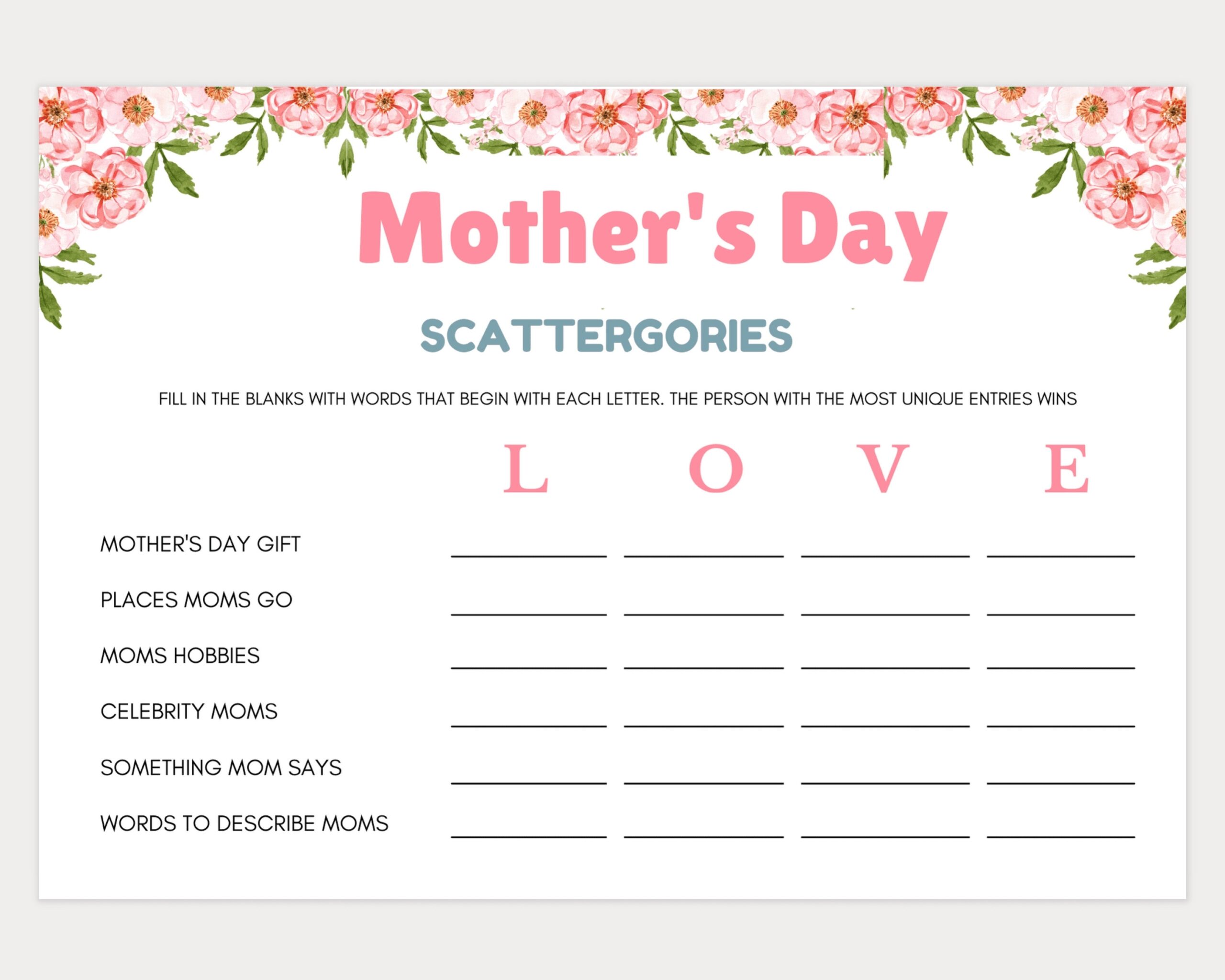 Mothers Day Games Scattergories Mother s Day Party Games Mothers Day Games For Kids Adults Games For Moms Family Games Night Etsy Israel