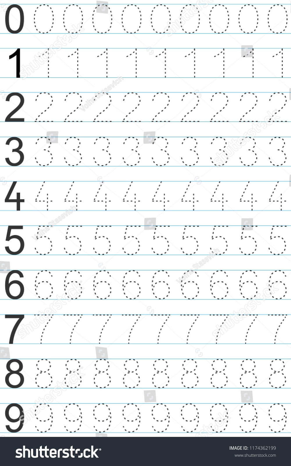 Numbers 0 9 Handwriting Tracing Practice Sheet Stock Vector Royalty Free 1174362199 Shutterstock