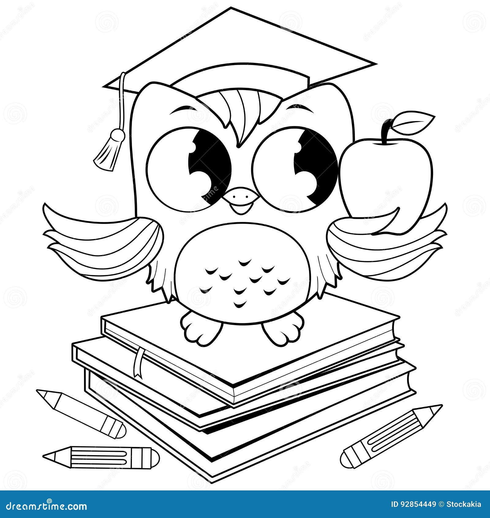 Owl With Graduation Hat Sitting On A Stack Of Books Owl Teacher Bird In The School Classroom Vector Coloring Page Stock Vector Illustration Of Back Cartoon 92854449