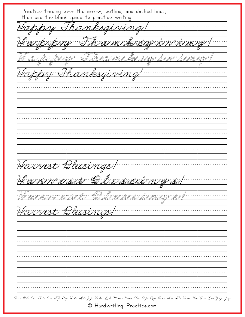 Practice Cursive Writing Happy Thanksgiving And Harvest Blessings Handwriting Practice