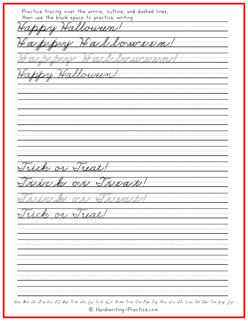 Practice Writing Happy Halloween And Trick Or Treat In Cursive Handwriting Practice