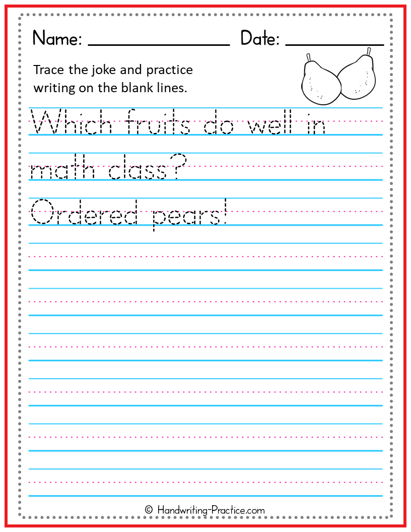 Printable Handwriting Practice Worksheet With Playful Math Joke Handwriting Practice