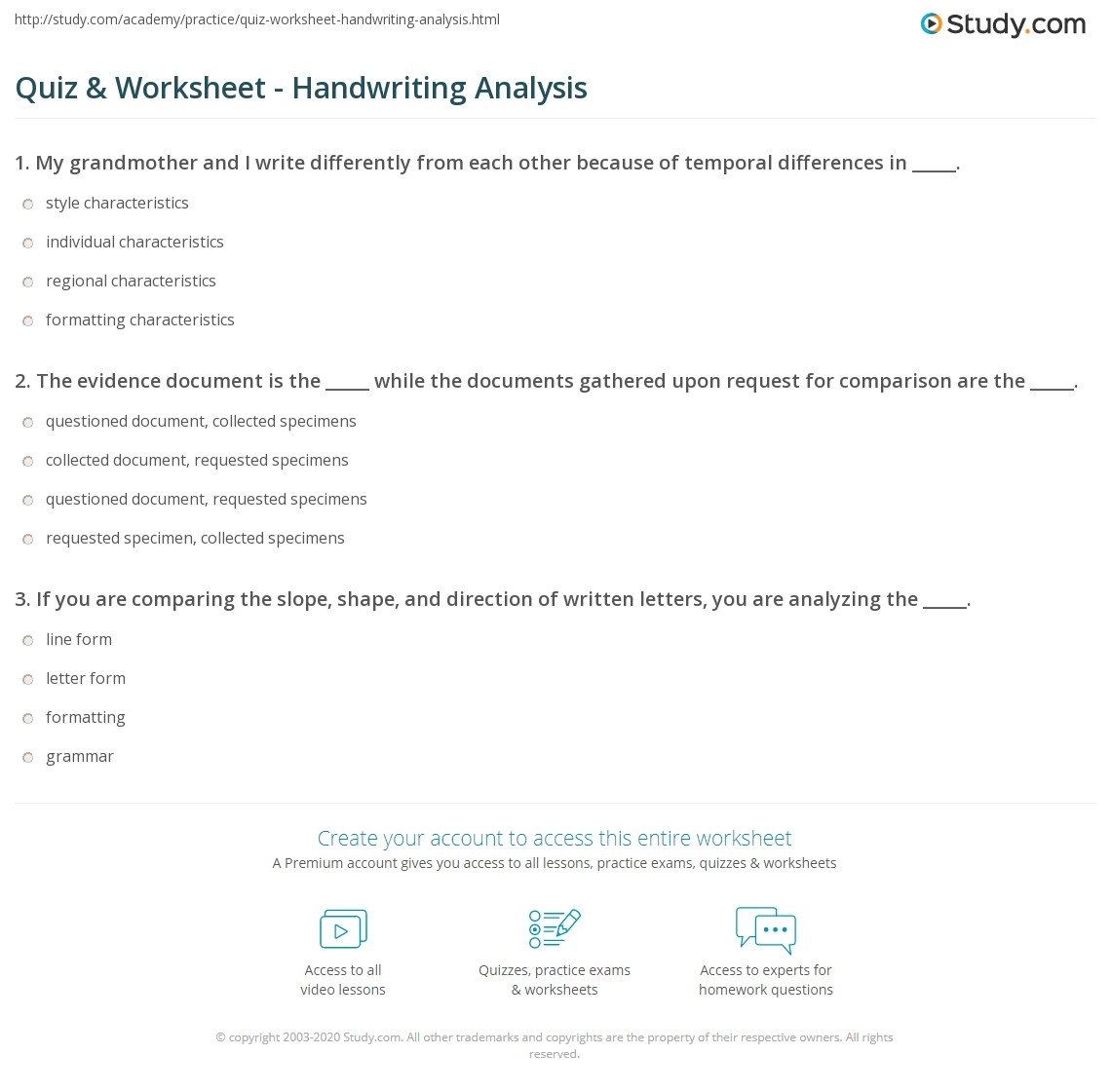 Quiz Worksheet Handwriting Analysis Study