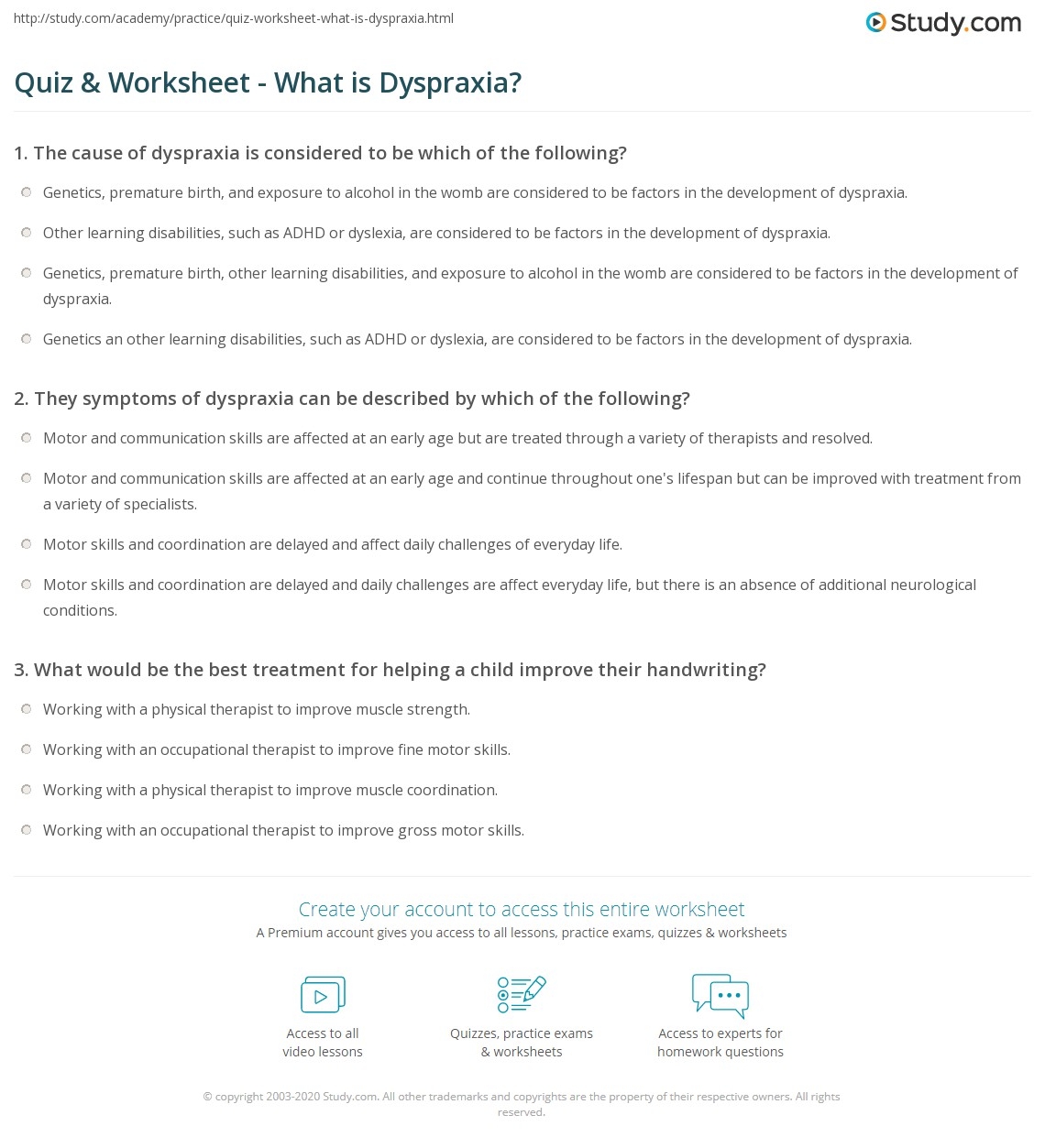 Quiz Worksheet What Is Dyspraxia Study