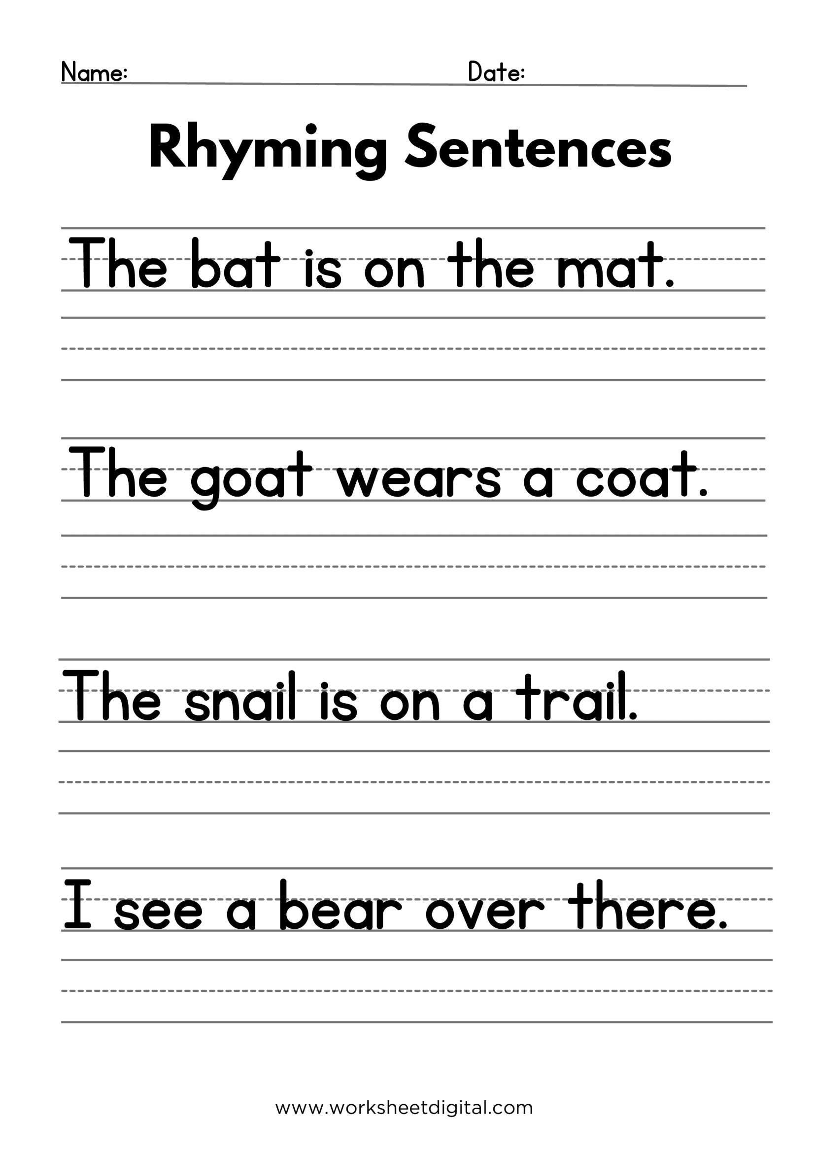 Rhyming Sentences Writing Worksheet Grades 1 3 PDF Download Etsy