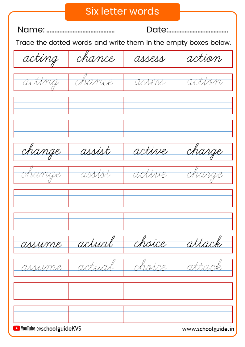 Six Letter Words Cursive Worksheets
