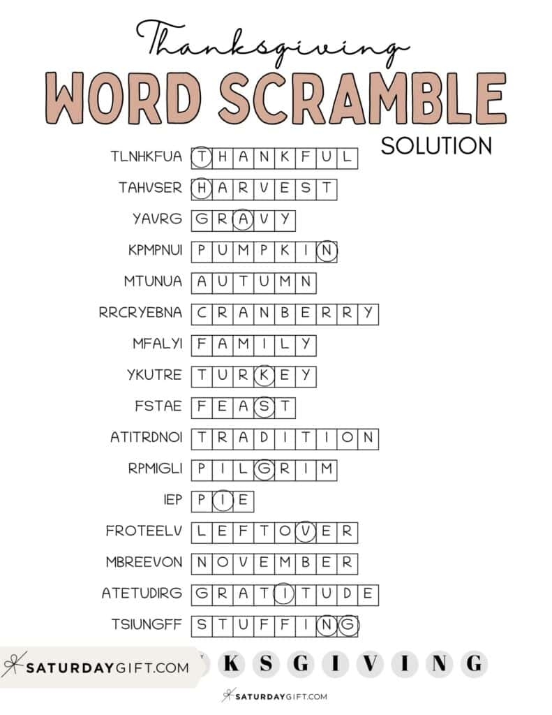 Thanksgiving Word Scramble Cute Free Printable SaturdayGift