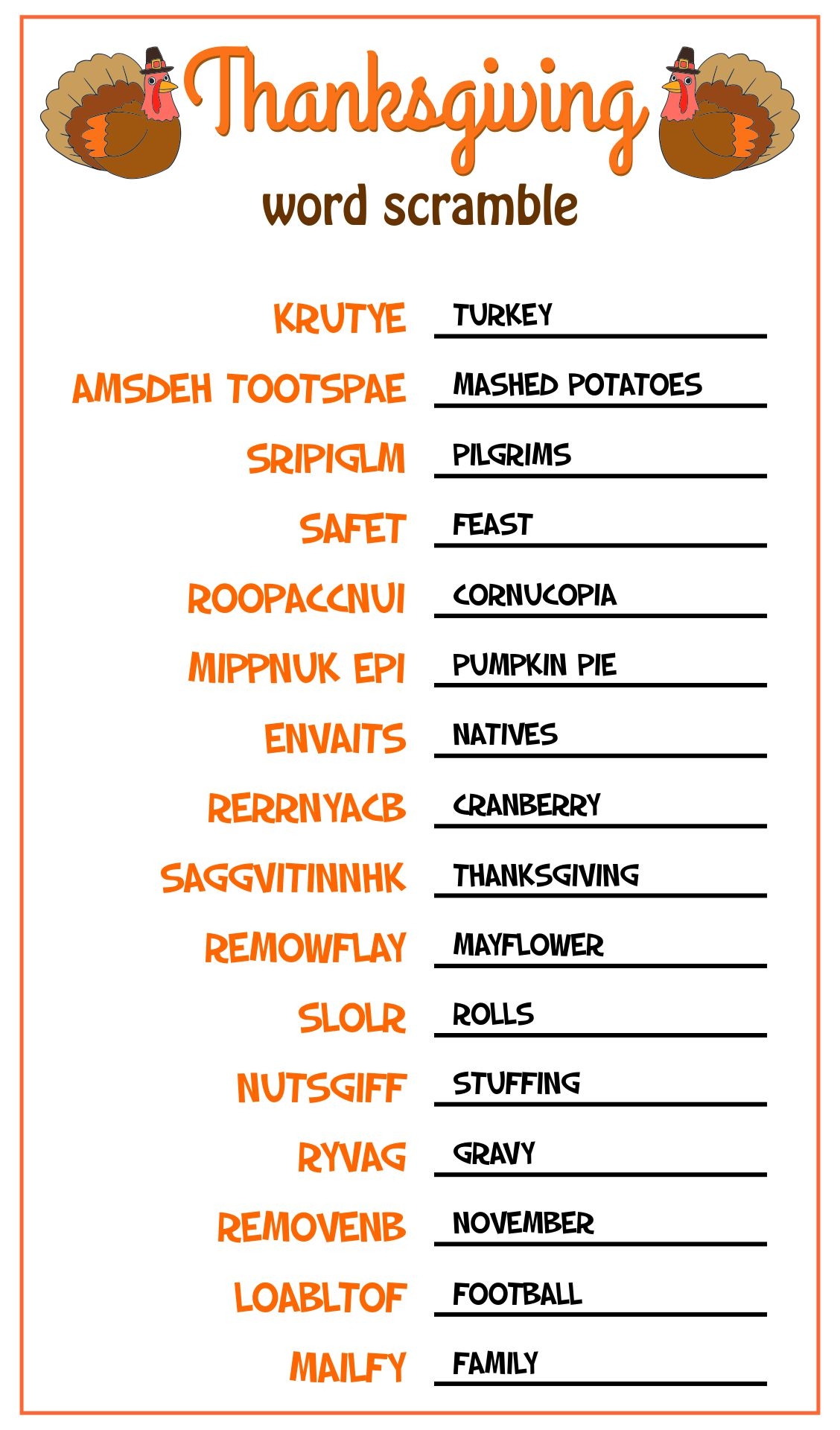 Thanksgiving Word Scramble Free 13 Free PDF Printables Printablee