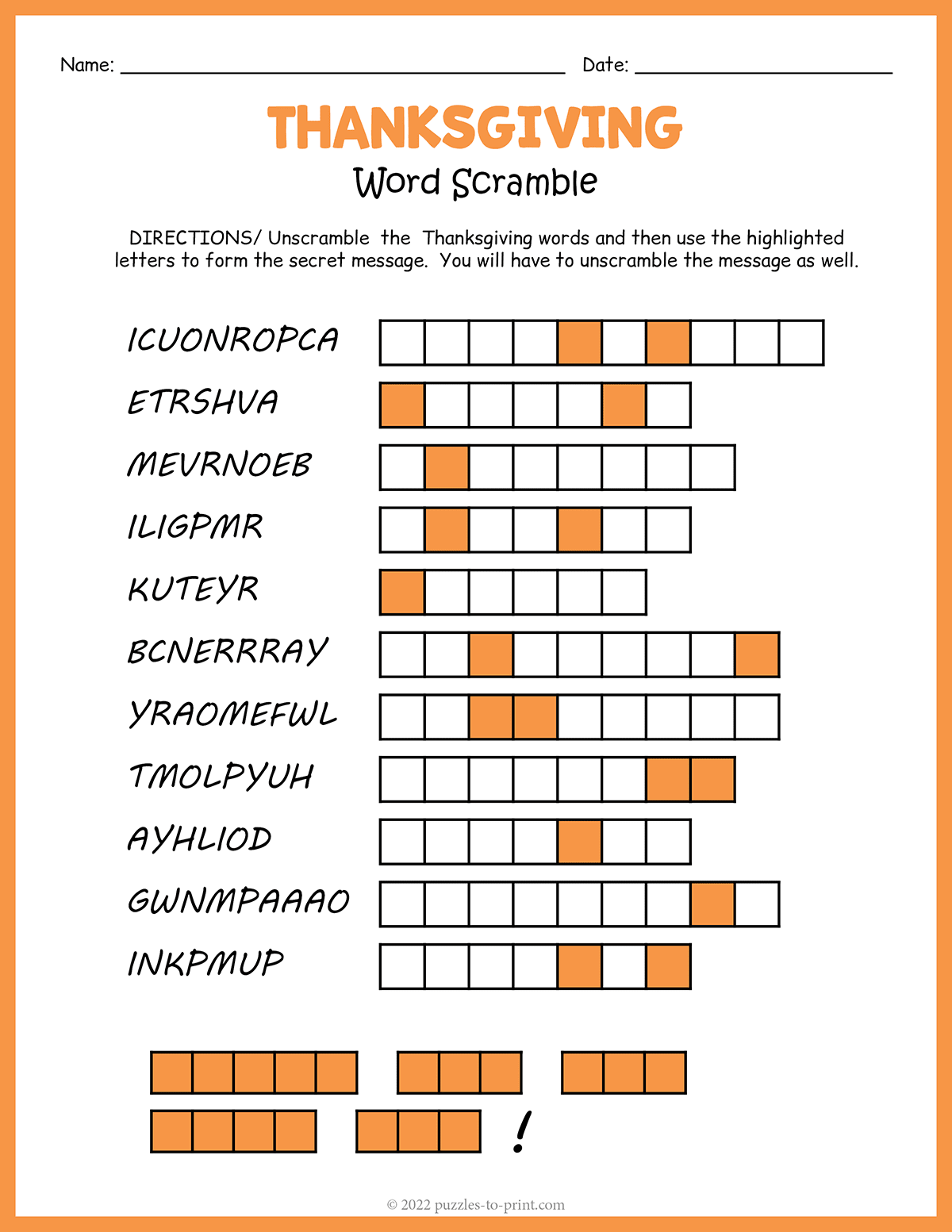 Thanksgiving Word Scramble