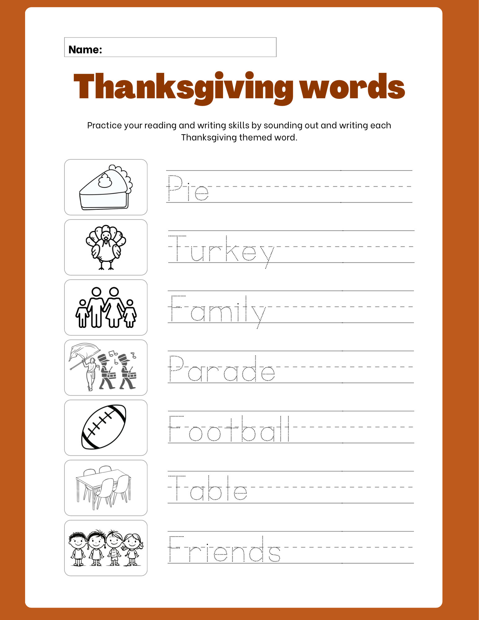 Thanksgiving Writing Words Classful