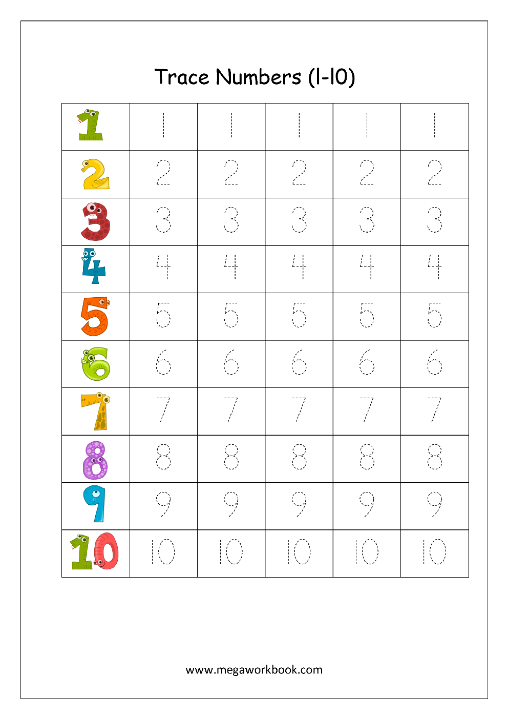 numbers 1 10 handwriting worksheets