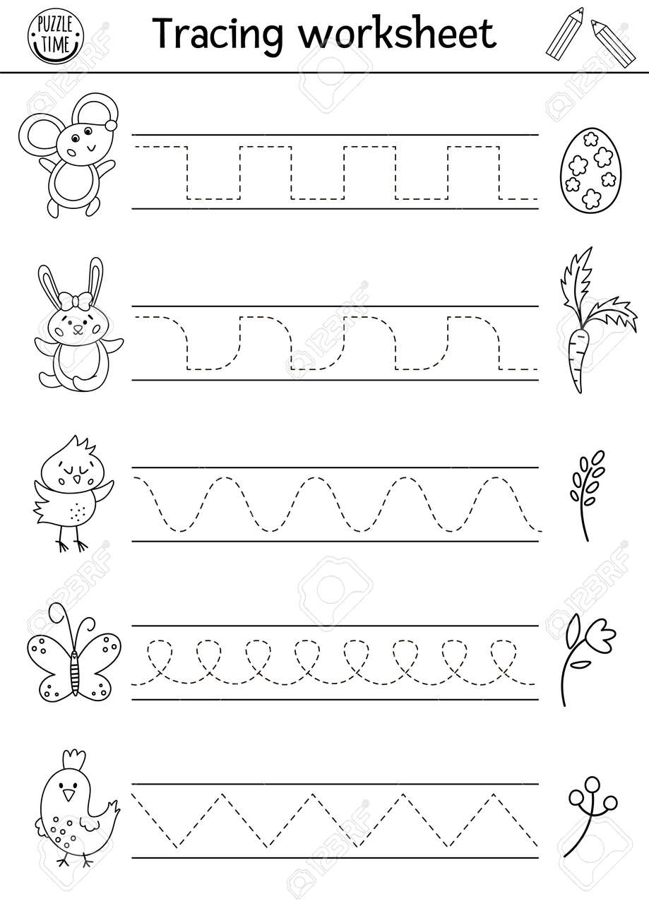 Vector Easter Handwriting Practice Worksheet Spring Printable Black And White Activity For Pre school Children Educational Tracing Game For Writing Skills With Cute Animals And Traditional Treats Royalty Free SVG Cliparts Vectors And