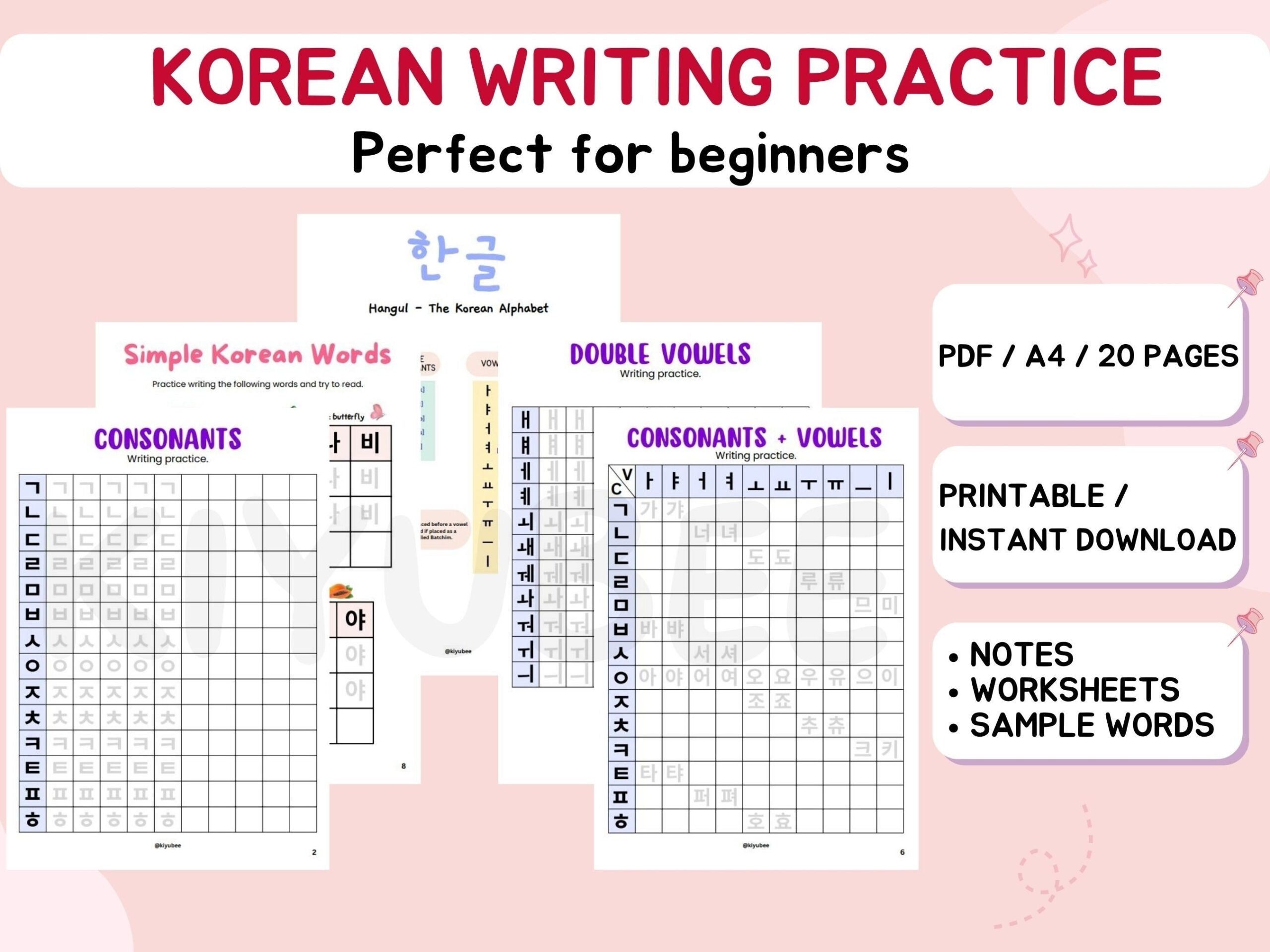 W2 korean Hangul Writing Practice Worksheets For Beginners Learn Korean Korean Language Worksheet Korean Self Study Hangul Notes Korean Etsy