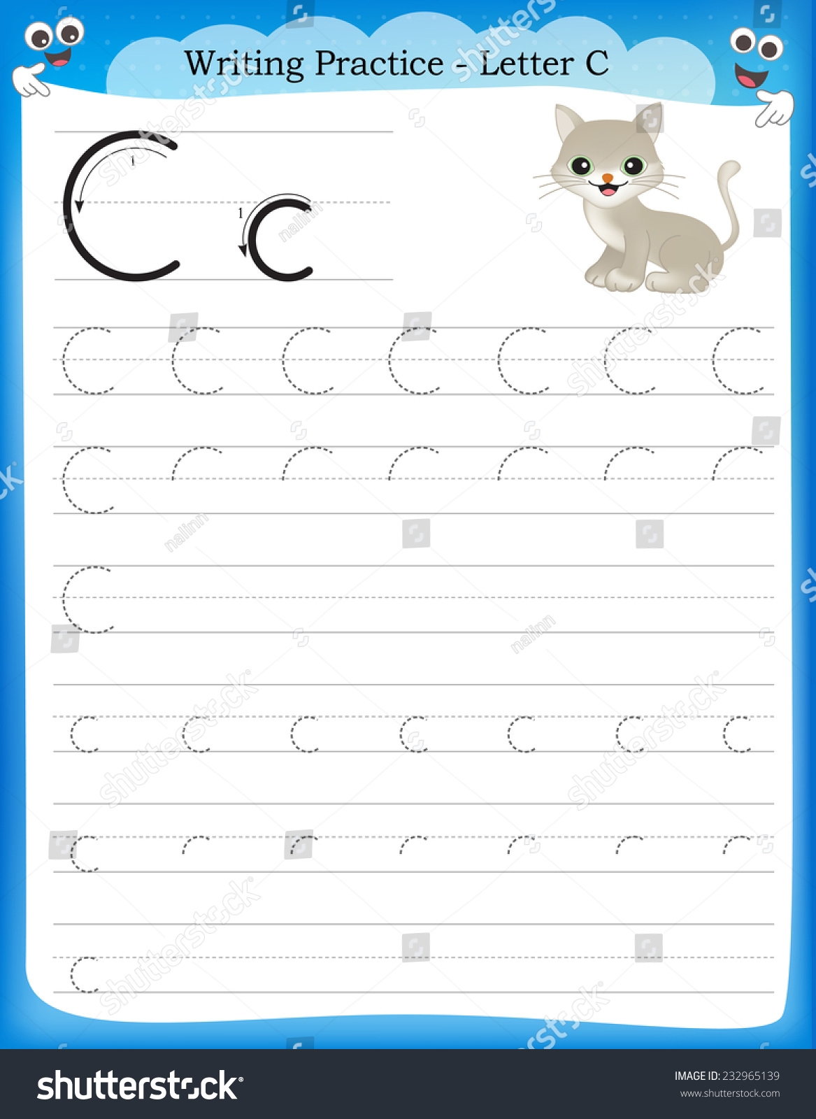 Writing Practice Letter C Printable Worksheet Stock Vector Royalty Free 232965139 Shutterstock